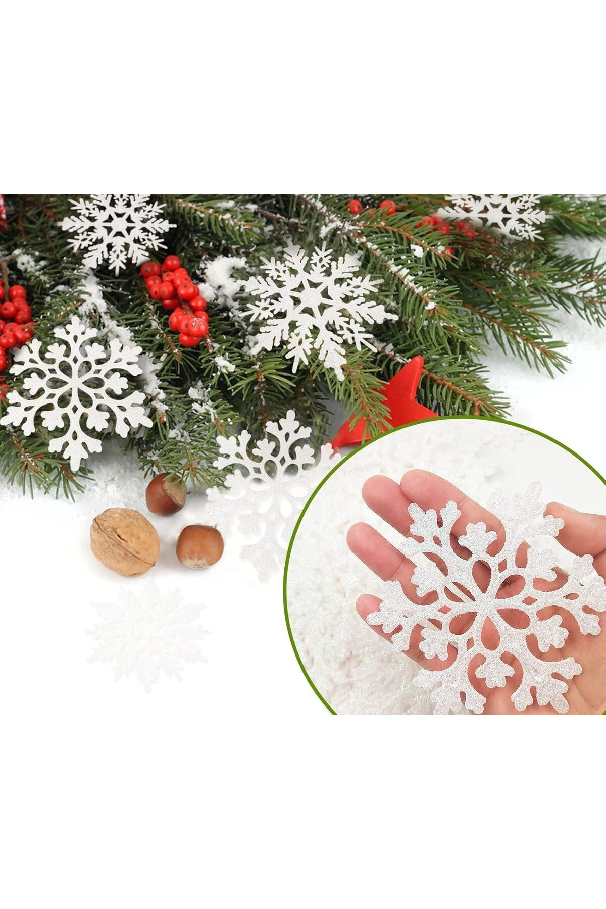 12li Simli Parlak  Kar Tanesi Yılbaşı Ağaç Süsü Paket 8x8 Cm