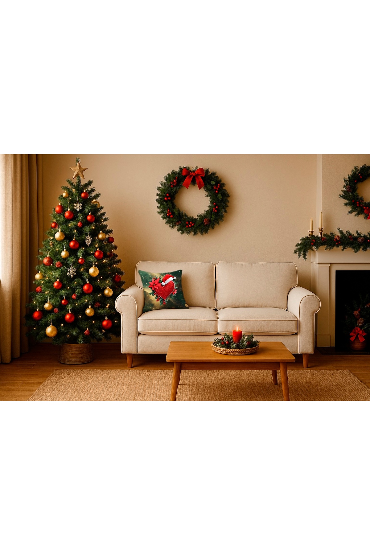 Dijital Baskılı Noel Şapkalı Kırmızı Kalp Dekoratif Kırlent Kılıfı