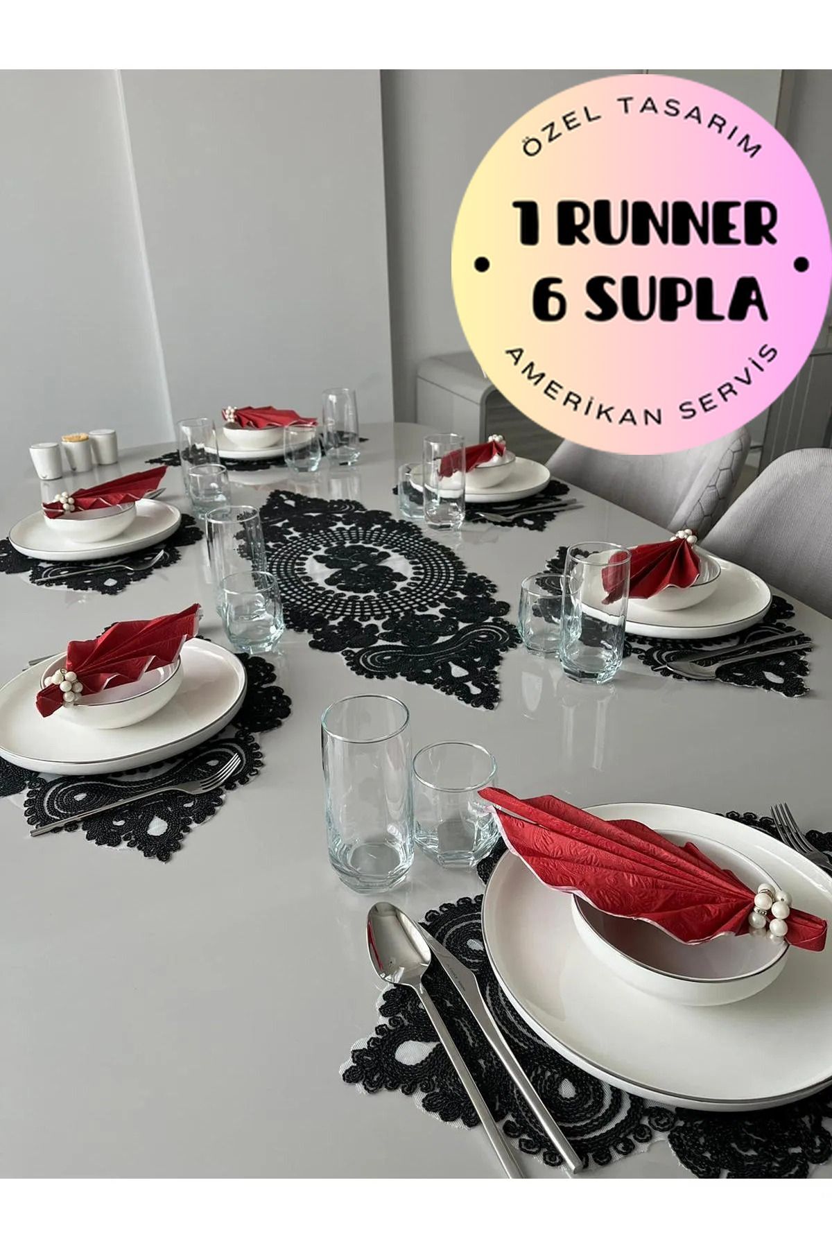 Amerikan Servis, 1 Runner 6 Supla Yemek Servis Takımı, Masa Örtüsü Seti, Servis Sunum Seti