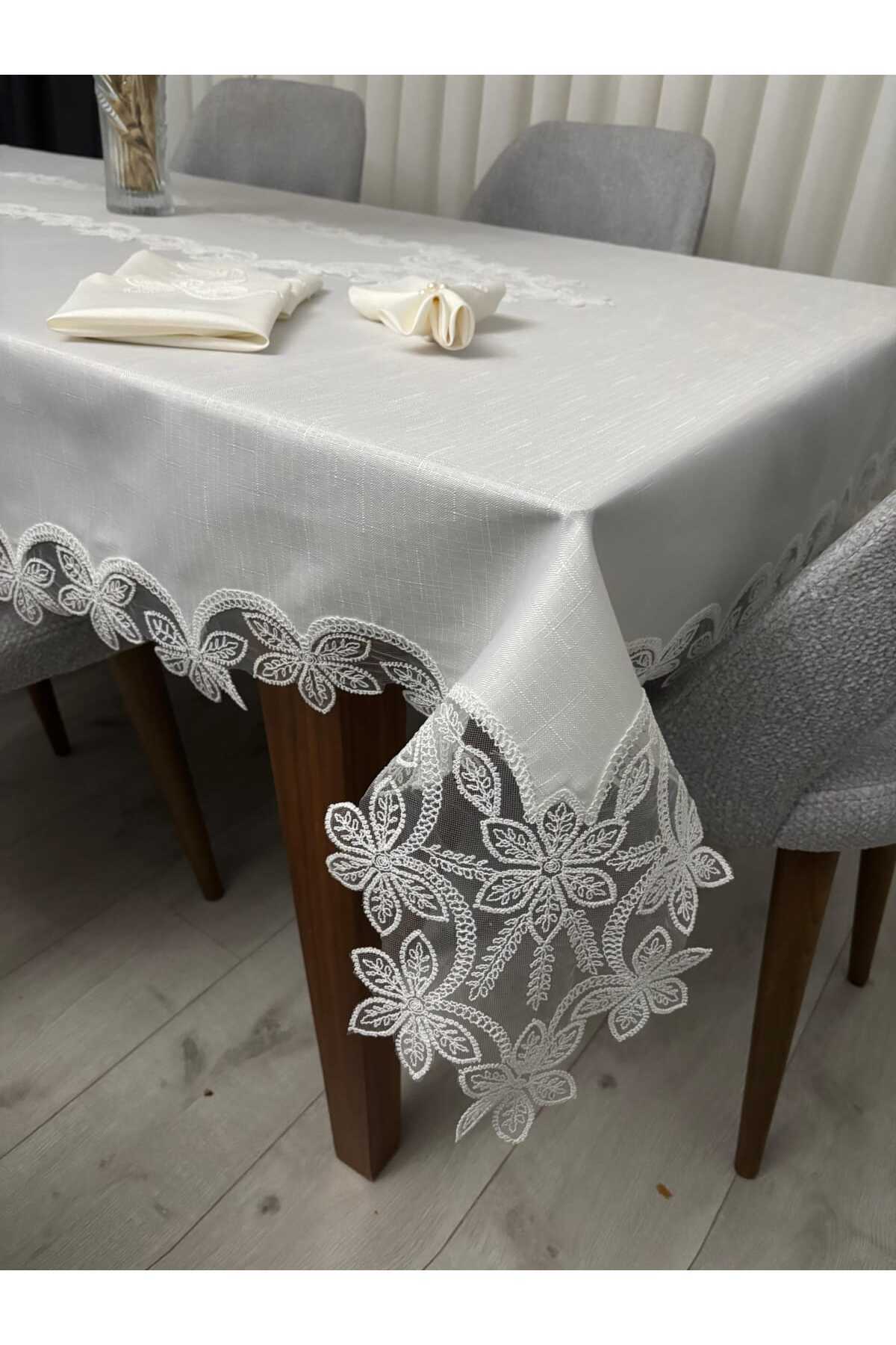 Masa Örtüsü Yemek Takımı 12 Kişilik 26 Parça Fransız Dantelli – Ekru