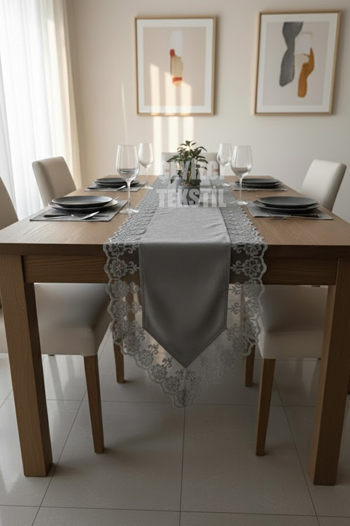 Kadife Dantel Detaylı Gri Runner (140x40cm)