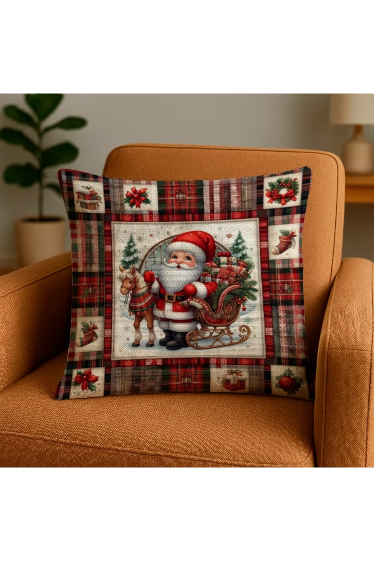 Dijital Baskılı Noel Baba Ekose Desenli Kırlent Kılıfı 43x43 cm (Santa Cushion Cover)