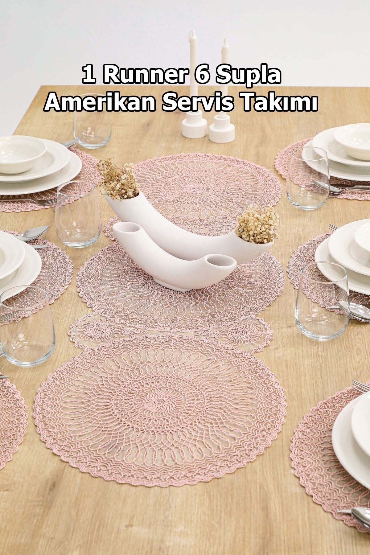 Amerikan Servis, 1 Runner 6 Supla Kahve Yemek Servis Takımı, Masa Örtüsü Seti, Servis Sunum Seti