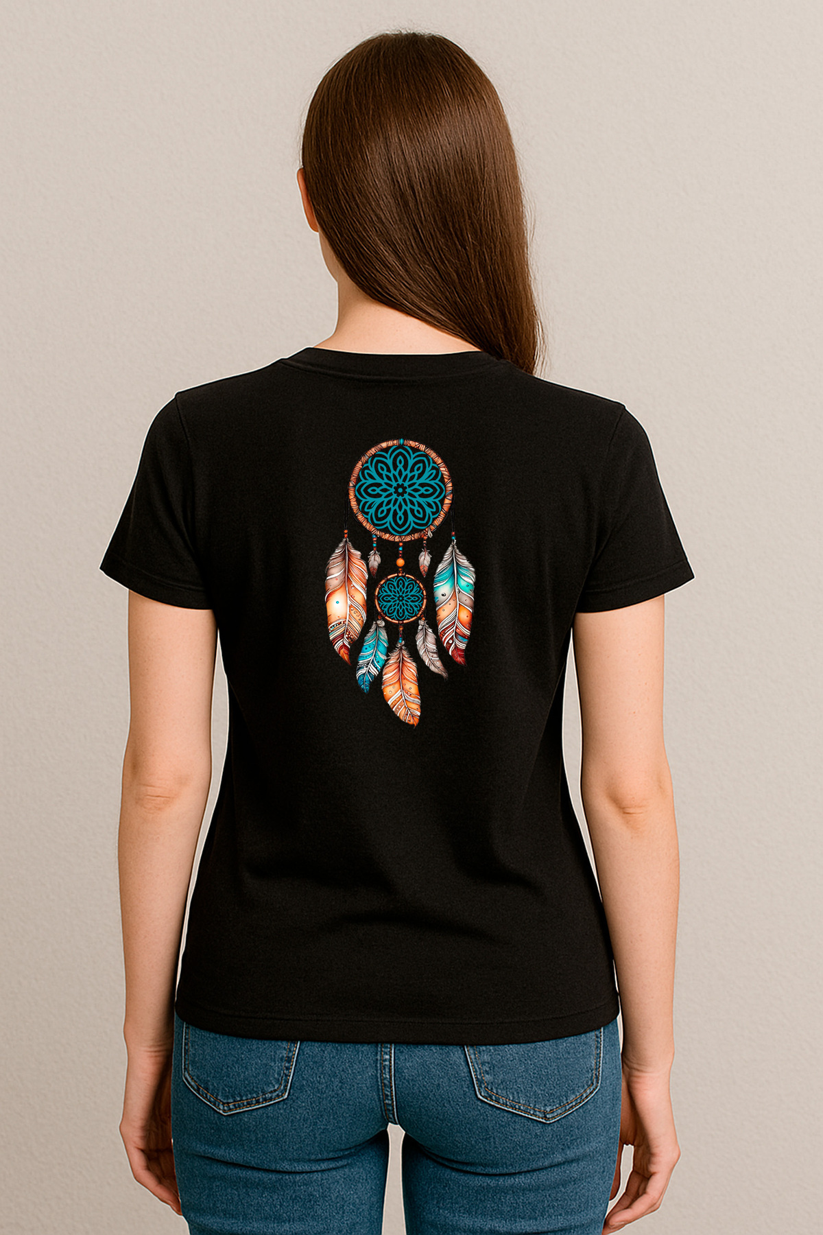 Kadın Relaxed Fit Tişört Mandala Dreamcatcher Baskılı –