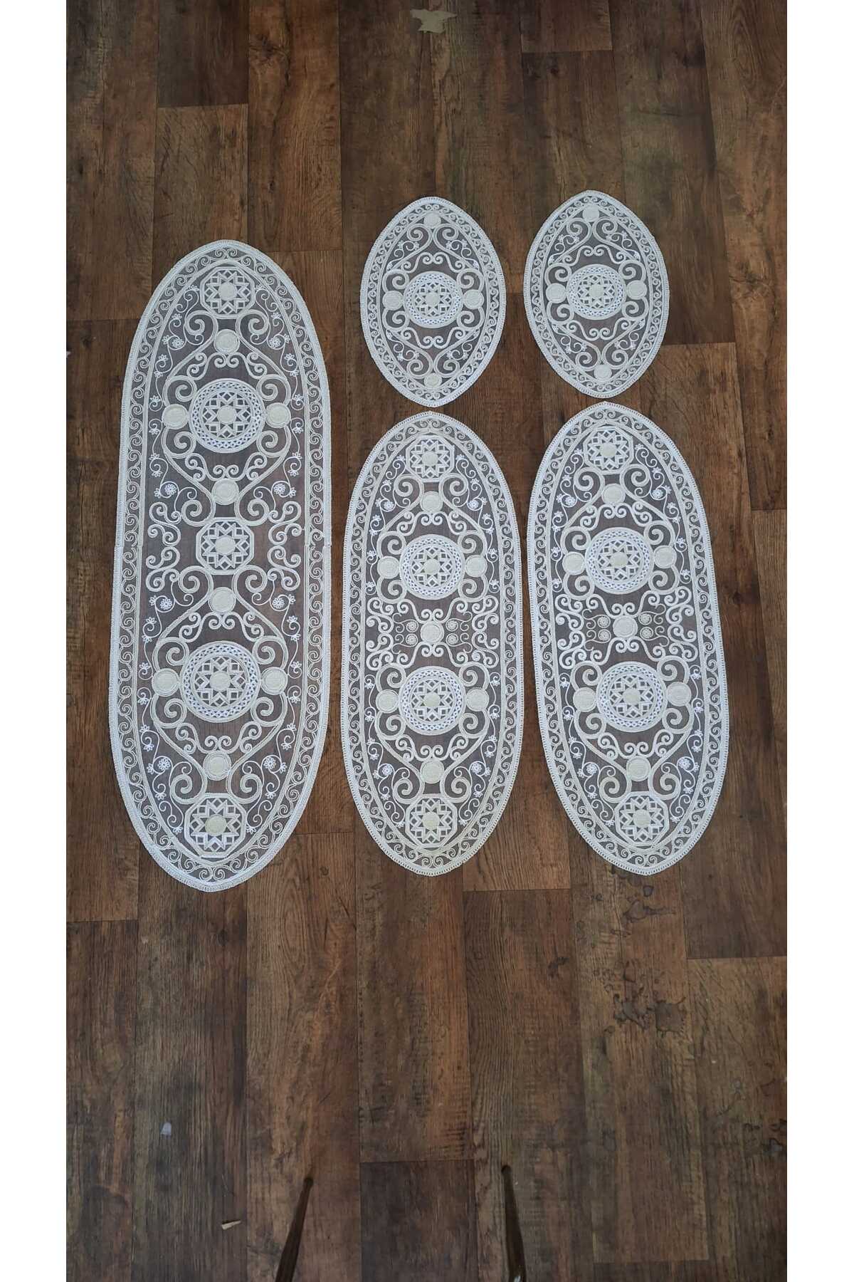 Salon Takımı 5 Parça Dantelli Masa Örtüsü Runner Seti