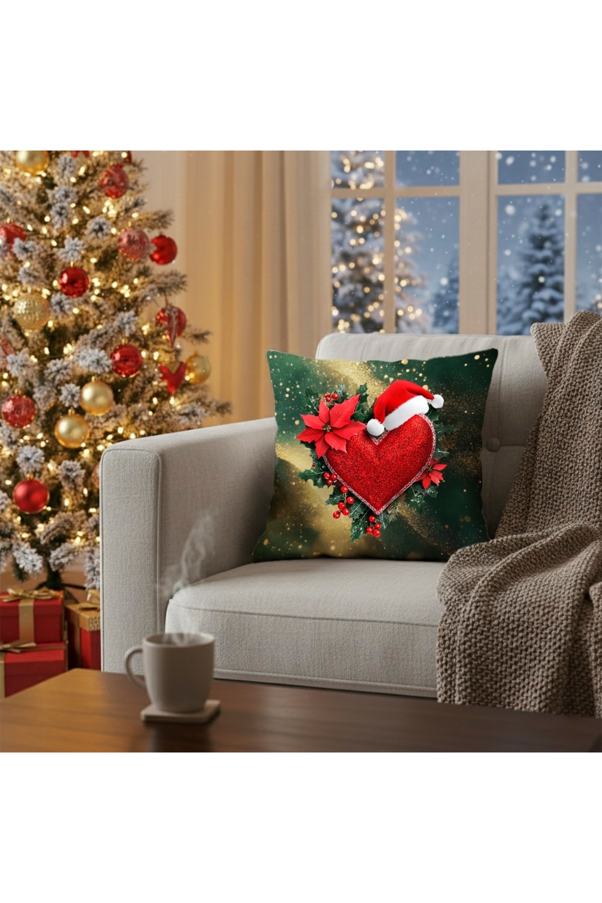 Dijital Baskılı Noel Şapkalı Kırmızı Kalp Dekoratif Kırlent Kılıfı