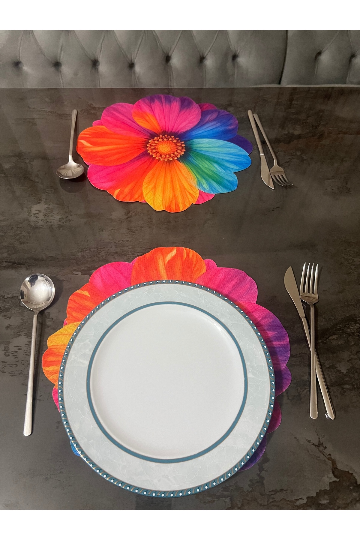 Gerbera Çiçeği Desenli Leke Tutmaz Gardenya Kumaş Dijital Baskı Lazer Kesimli Amerikan Servis & Supla 6 Adet