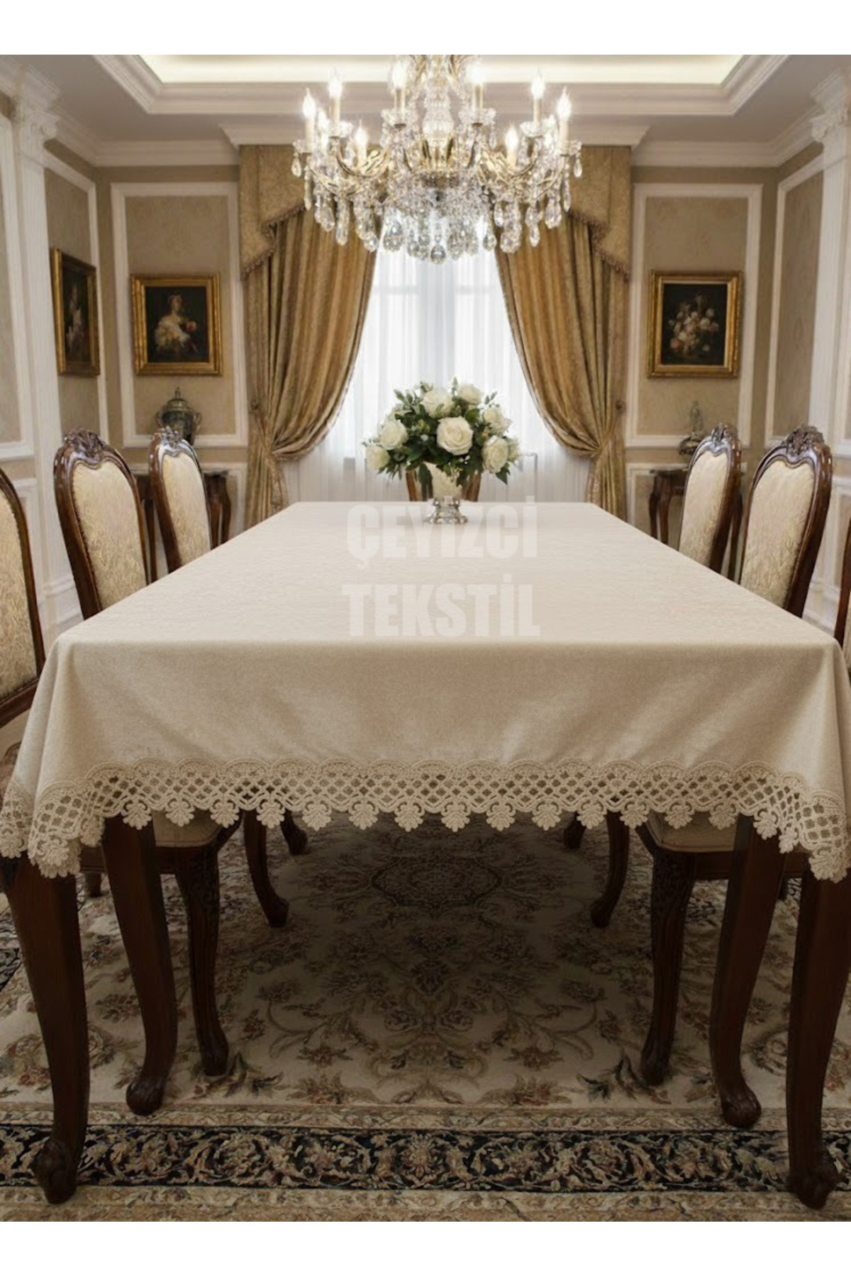 Kadife Tek Masa Örtüsü 160x220cm | Dantelli Yemek Masası Örtüsü 160x220cm Tek Masa