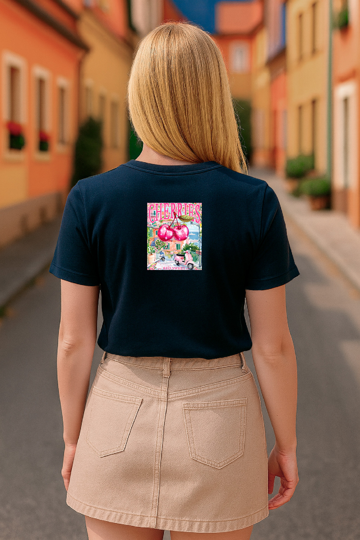 Kadın Siyah Tişört Kiraz Desenli Relaxed Fit – HUBERY