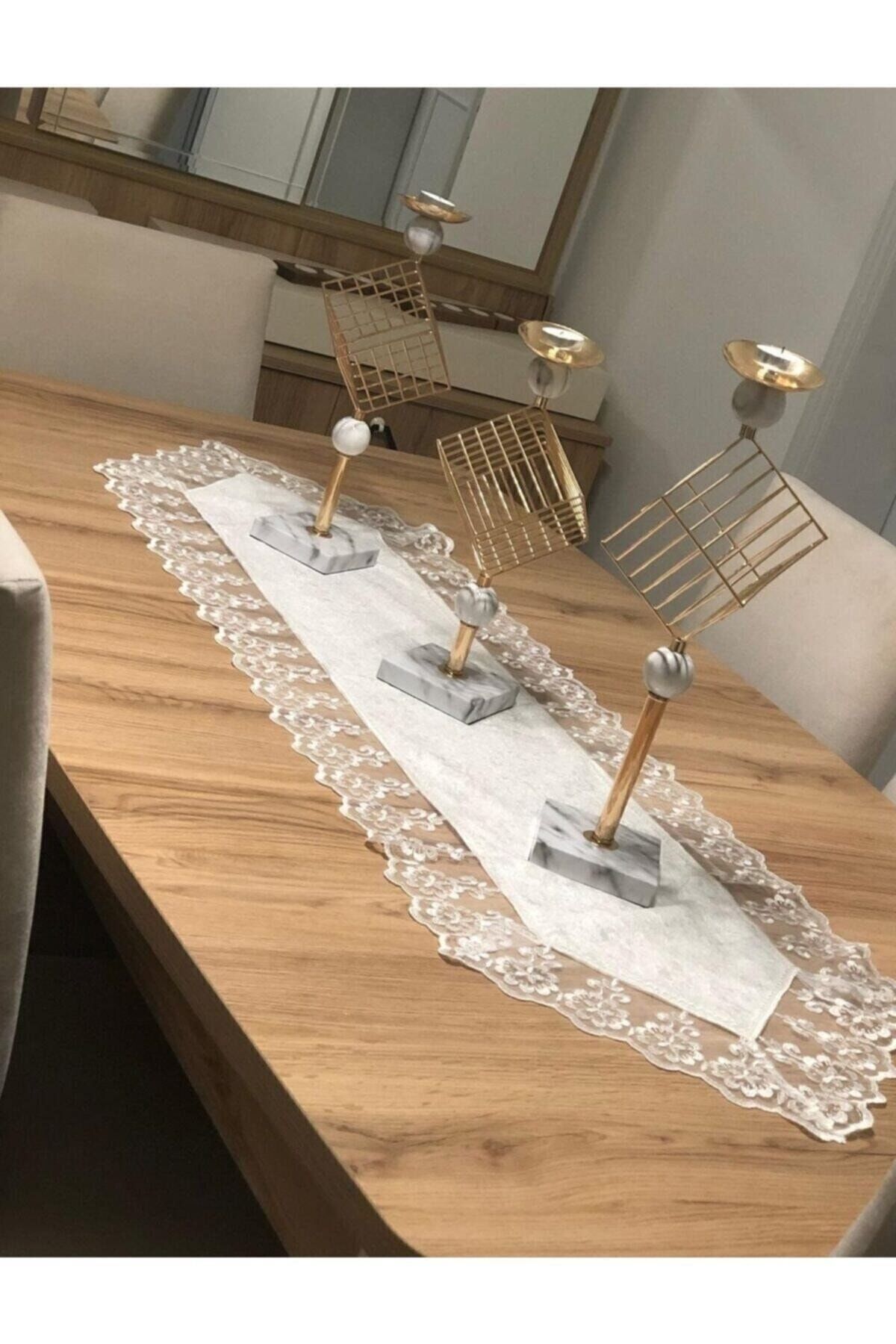 Kadife Dantel Detaylı Krem Runner (140x40cm)