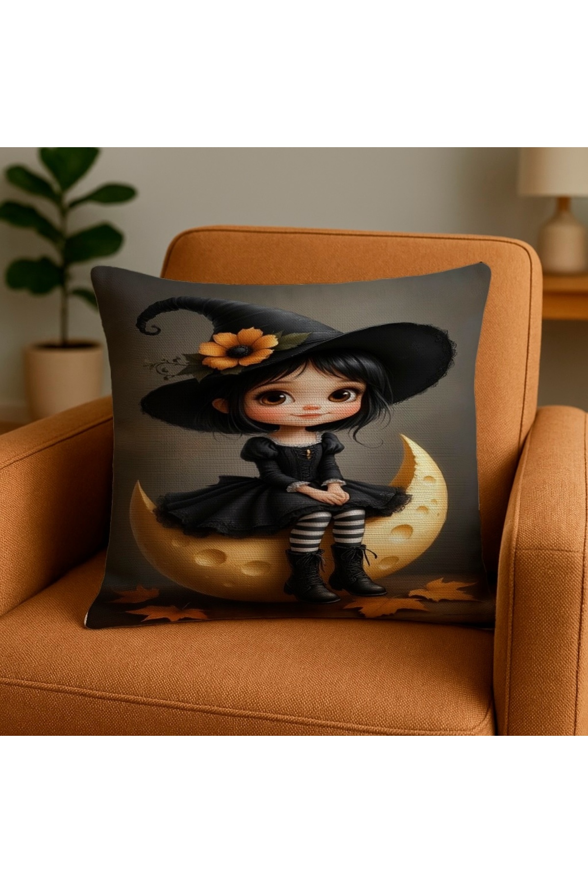 Cadı Kız Dijital Baskılı Kırlent Kılıfı 43x43 cm (Moon Witch Girl Cushion Cover)