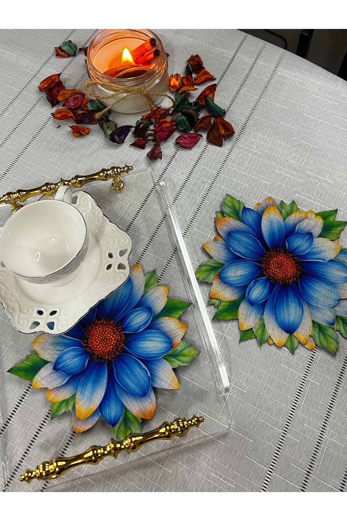 Mavi Gazania Tasarımlı 3D Digital Baskılı Lazer kesim Kokteyl & Kahve Sunum Peçetesi 6 Adet