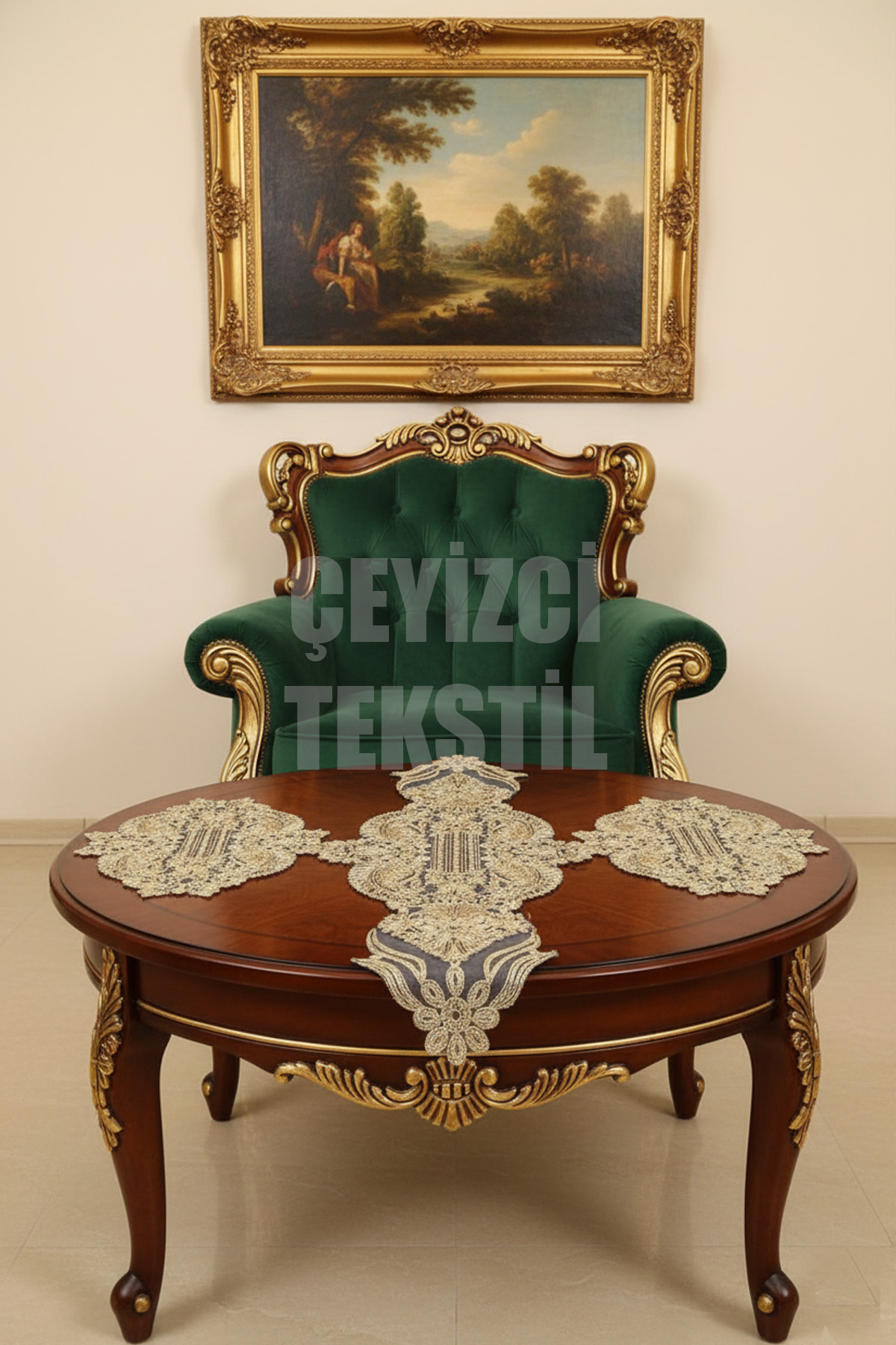Salon Takımı, Yatak Odası 3 Parça Sehpa Örtüsü, Masa Örtüsü 3 Parça Oda Takımı - Gold Renk