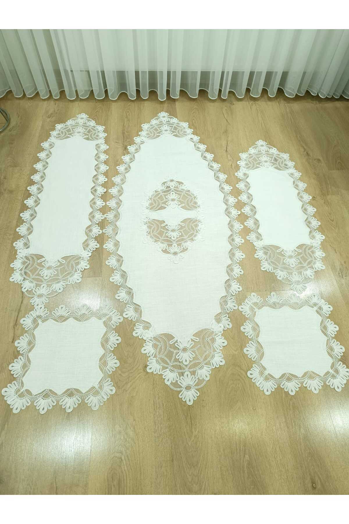 Salon Takımı 5 Parça Dantelli Masa Örtüsü Runner Seti Kadife