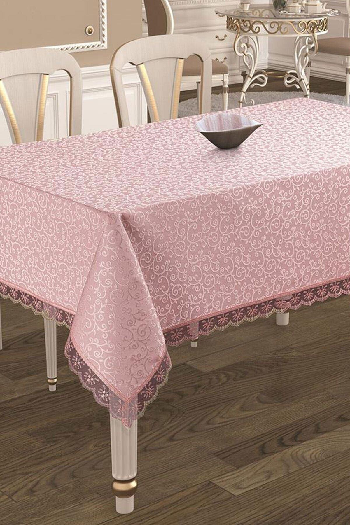 Fransız Güpürlü Leke Tutmaz Tek Masa Örtüsü 160x220cm - Pudra Tablecloth