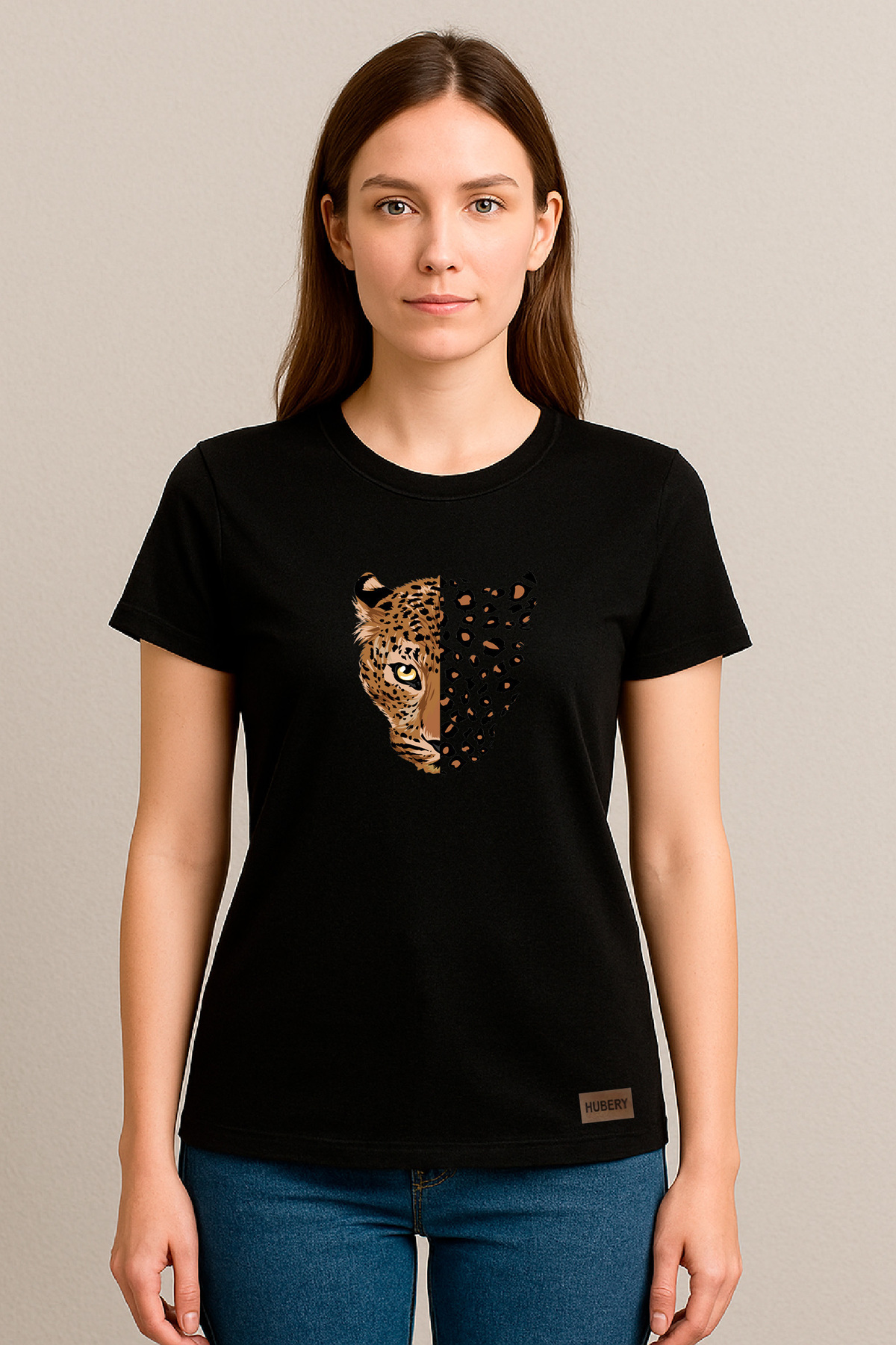 Kadın Relaxed Fit Tişört Leopar Yüz Desenli – HUBERY