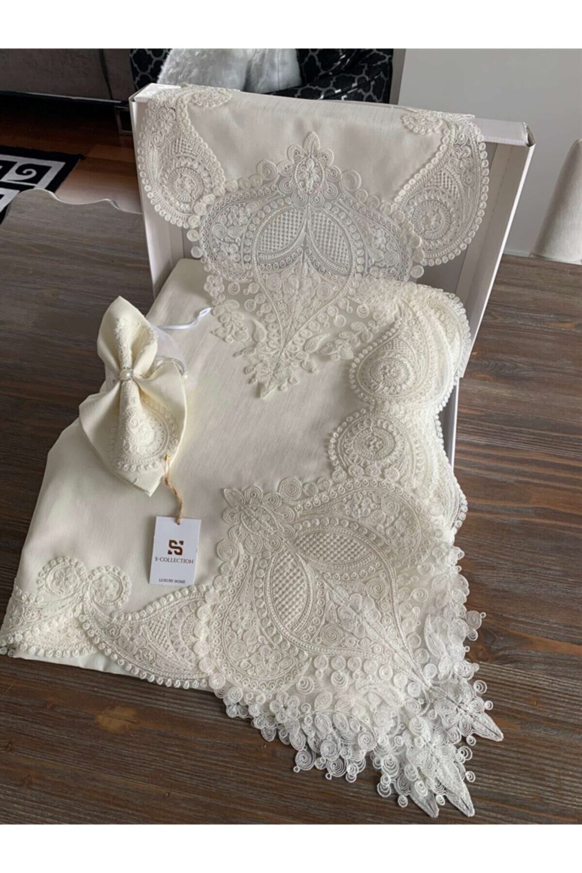 Salkım Masa Örtüsü 12 Kişilik Linen Kumas Krem Sofra Takımı