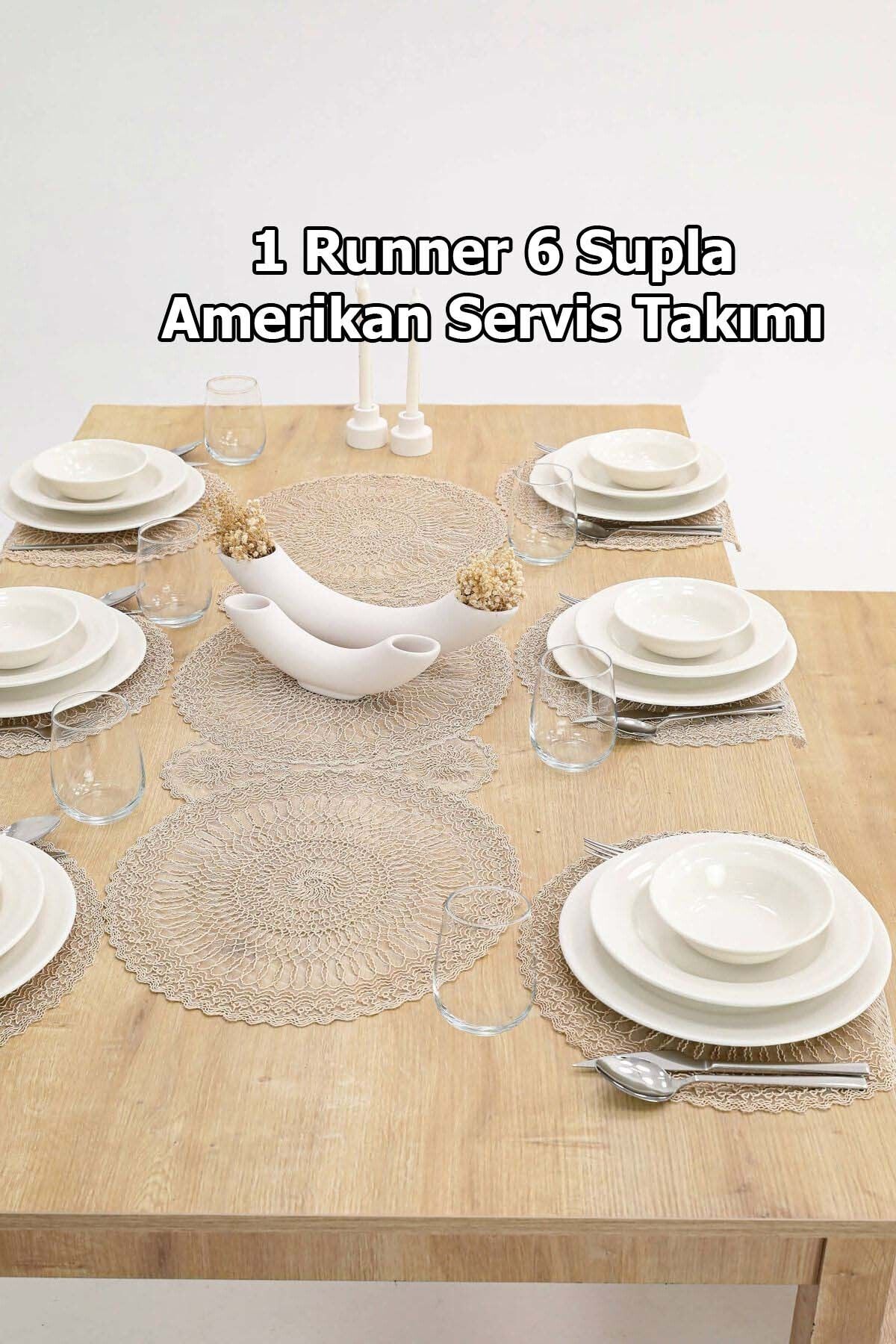Amerikan Servis, 1 Runner 6 Supla Kahve Yemek Servis Takımı, Masa Örtüsü Seti, Servis Sunum Seti