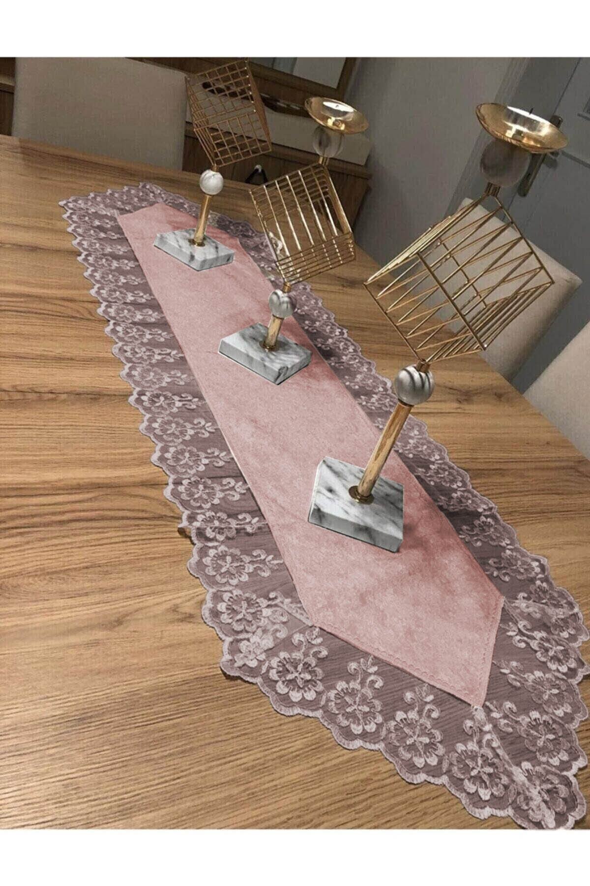 Kadife Dantel Detaylı Pudra Runner (140x40cm)
