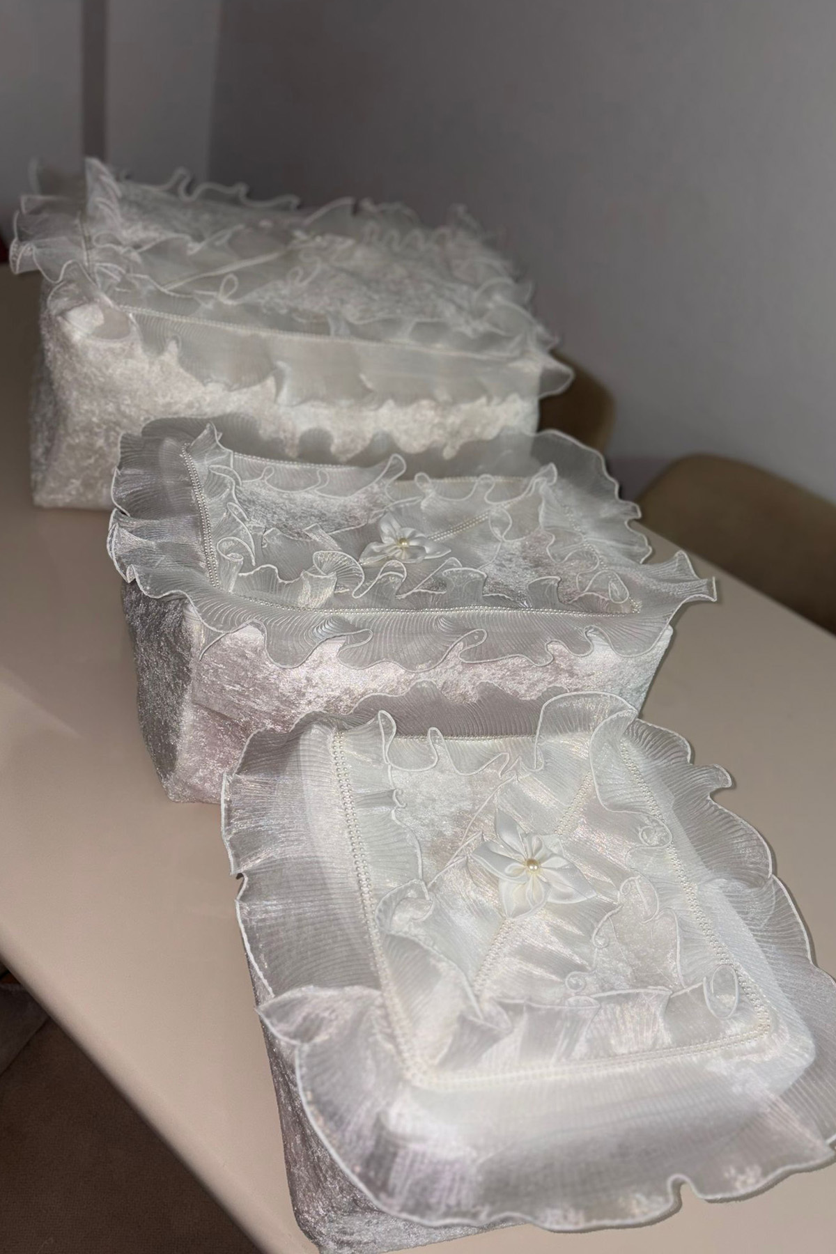 Pliseli Kadife 3lü Hurç, Kadife Söz Nişan Hurcu Çeyizlik 3'lü Set Çeyizlik Hurç Seti Krem