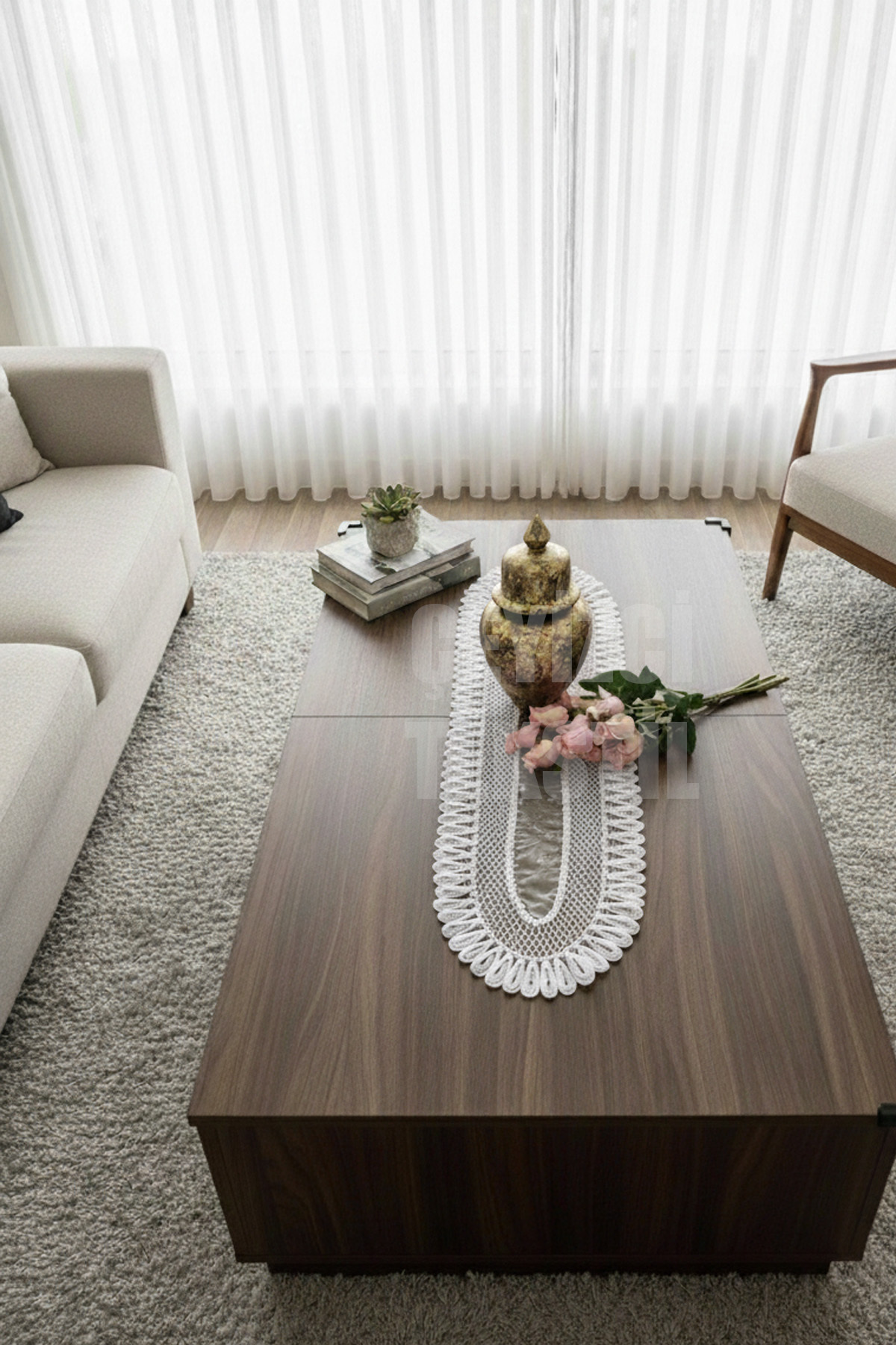 Kadife Detaylı Runner, Çeyizilk Tek Runner - Krem Renk (120X30CM)
