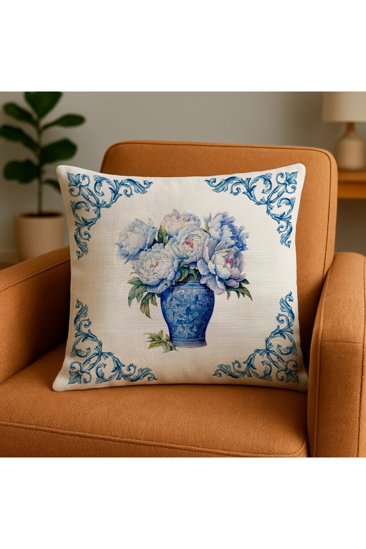 Digital Baskılı Mavi Kelebek ve Çiçek Desenli Kırlent Kılıfı 2’li Set- 43x43 cm