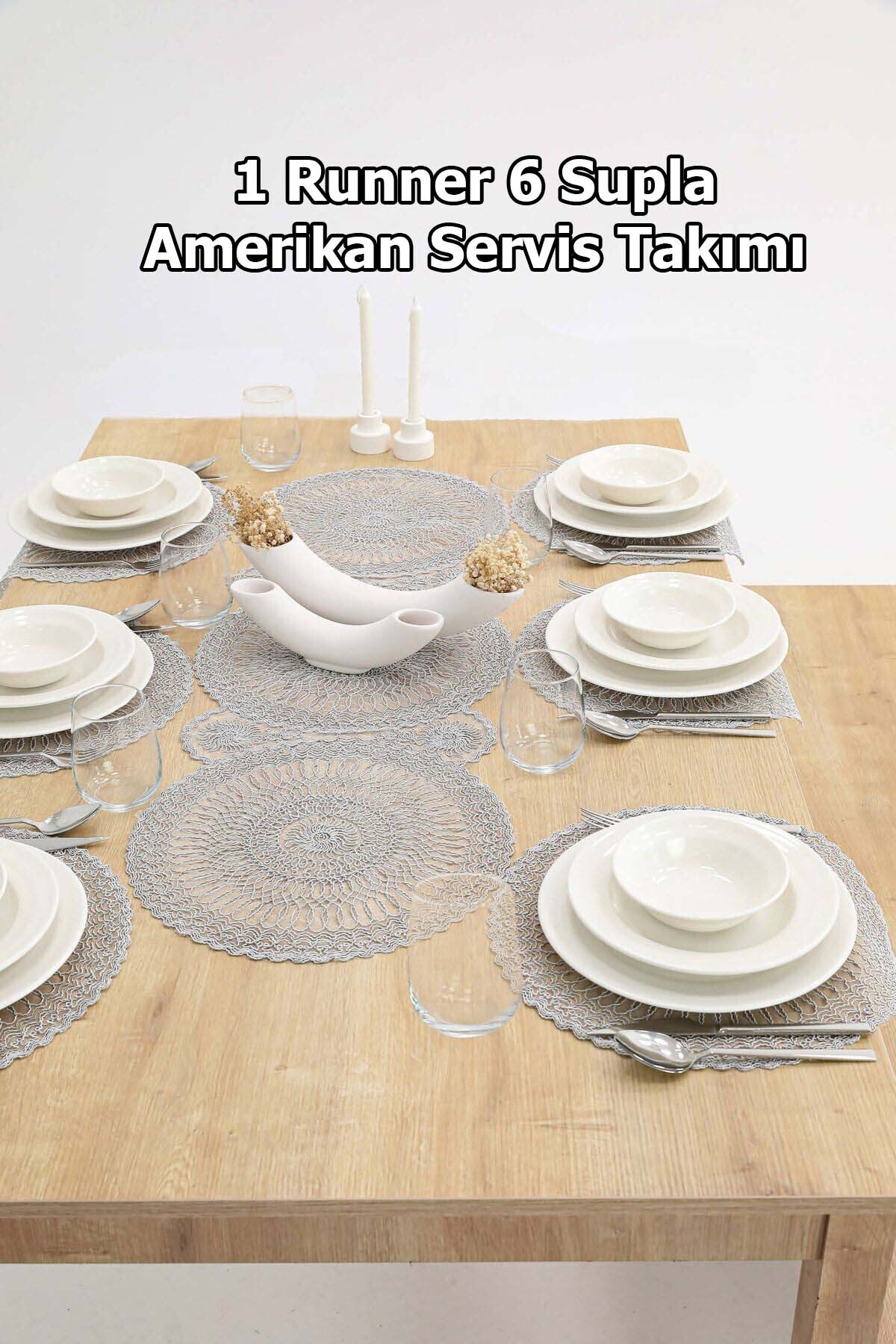 Amerikan Servis, 1 Runner 6 Supla Kahve Yemek Servis Takımı, Masa Örtüsü Seti, Servis Sunum Seti