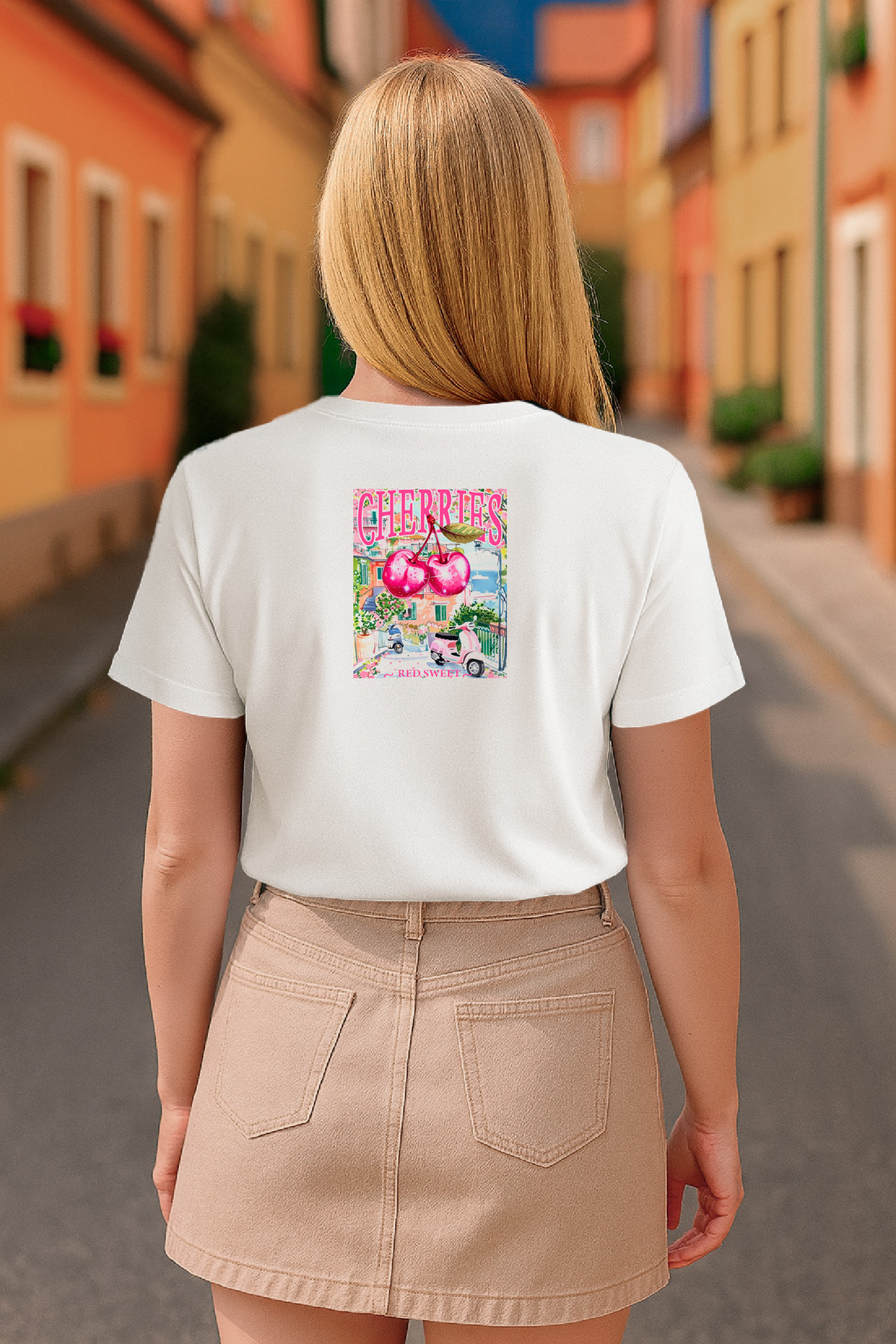 Kadın Siyah Tişört Kiraz Desenli Relaxed Fit – HUBERY