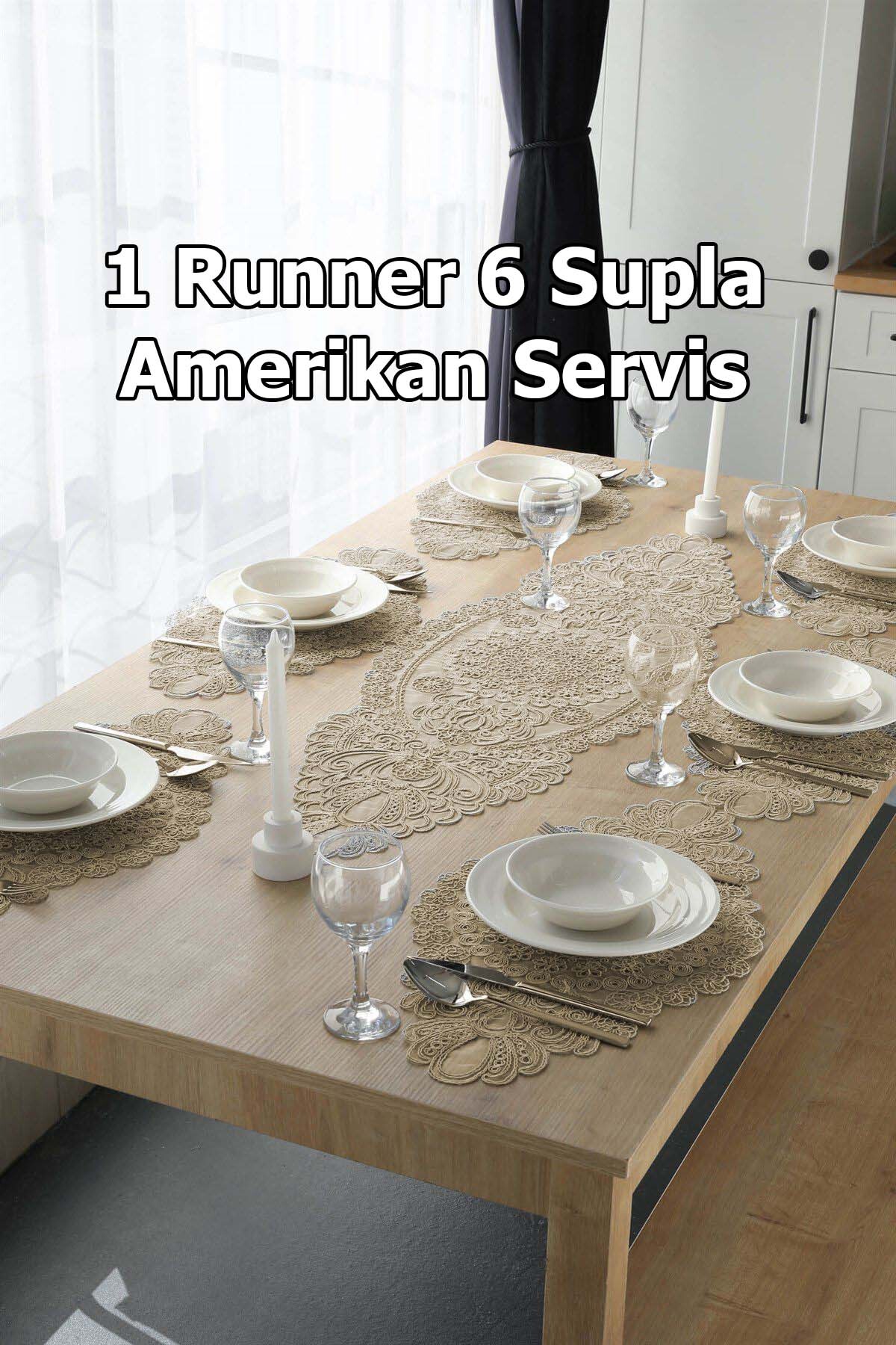 Amerikan Servis, 1 Runner 6 Supla Yemek Servis Takımı, Masa Örtüsü Seti, Servis Sunum Seti