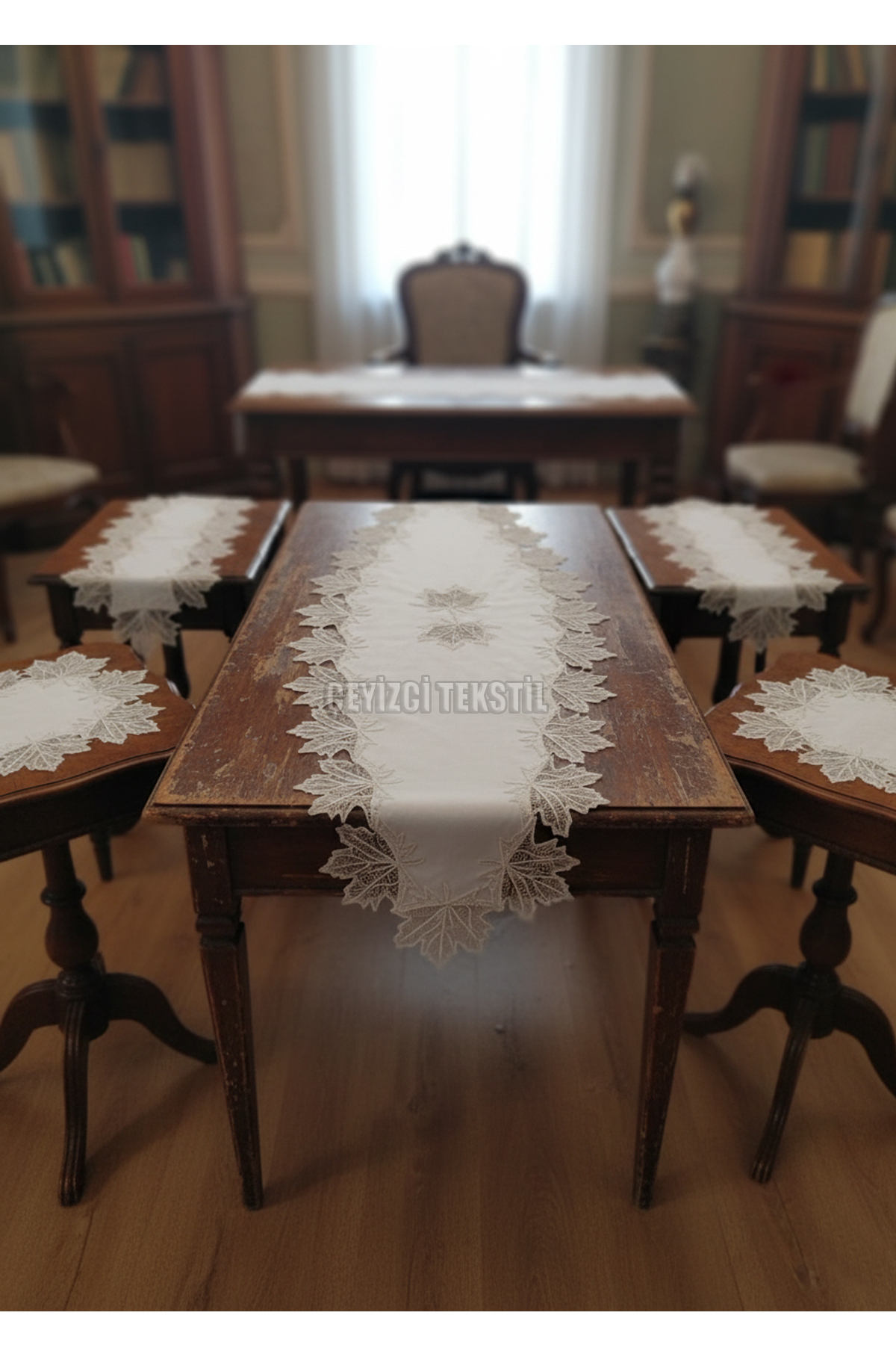 Salon Takımı 5 Parça Dantelli Masa Örtüsü Runner Seti Kadife