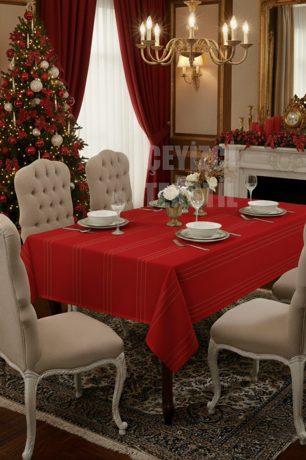 Çizgili 12 Kişilik 26 Parça Masa Örtüsü, Kırmızı Noel Masa Örtüsü, Chrismis Tablecloth