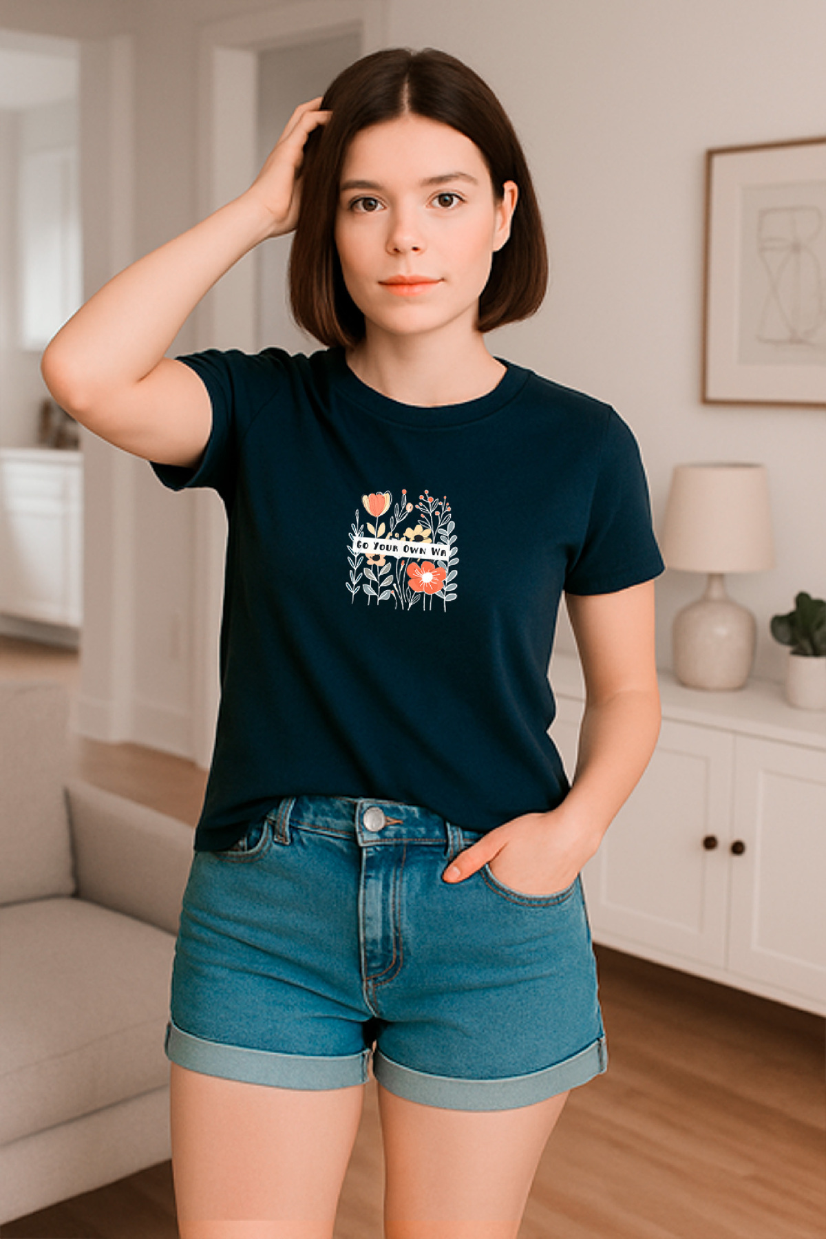 Kadın Relaxed Fit Tişört Yazılı Çiçek Desenli – HUBERY
