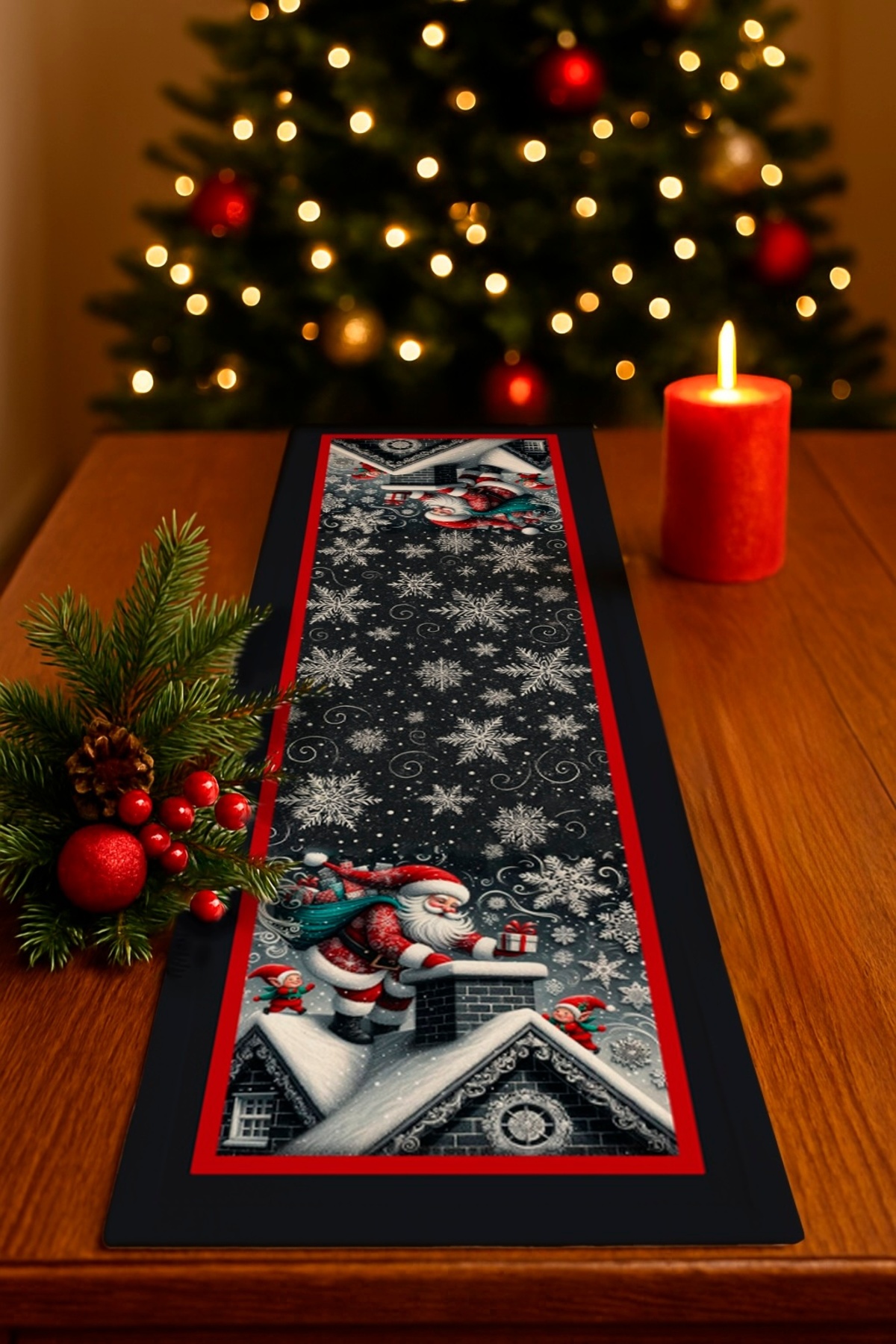Digital Baskılı Noel Baba Kar Tanesi Desenli Yılbaşı Temalı Dekoratif Masa Runner