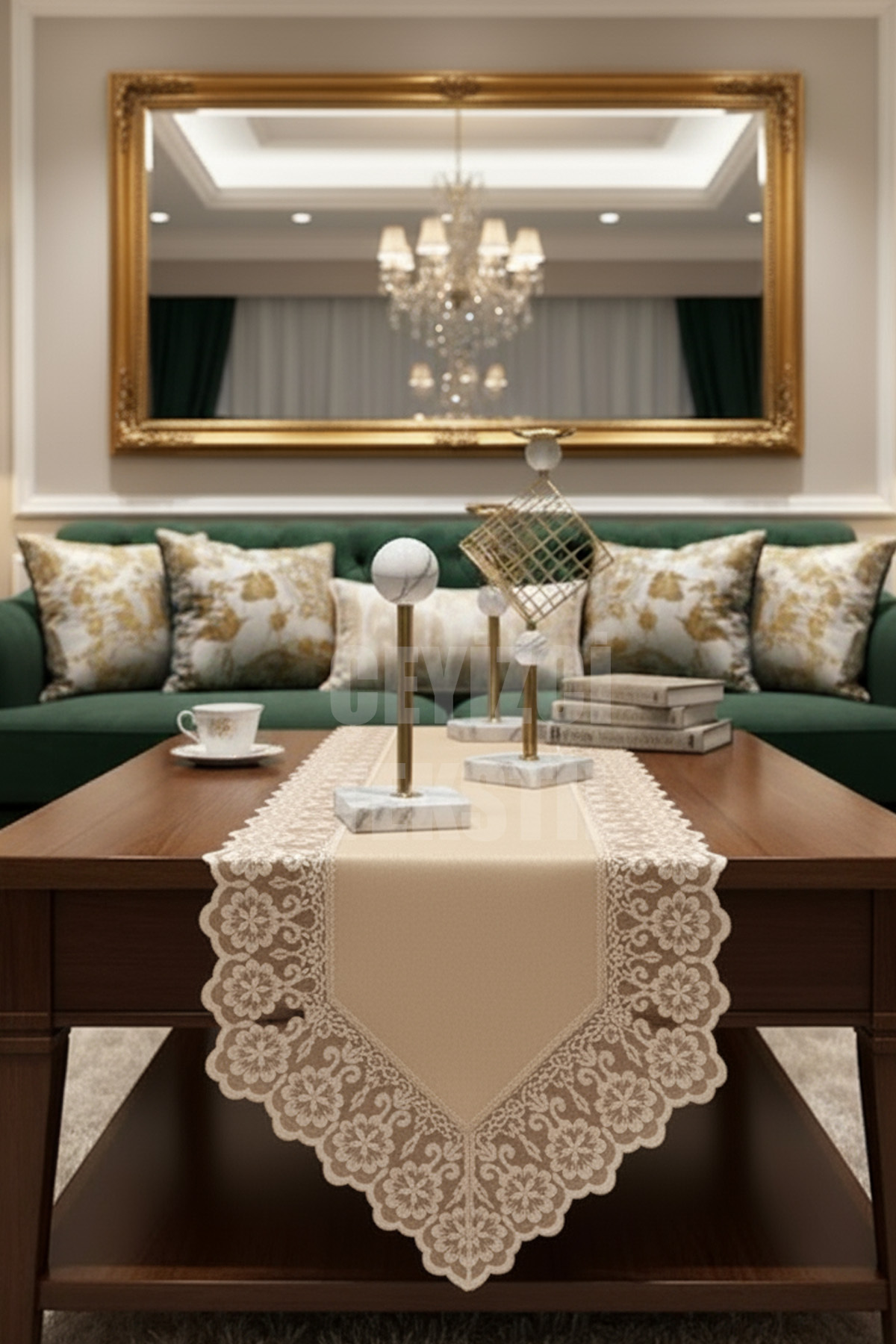 Kadife Dantel Detaylı Kapuçino Runner (140x40cm)