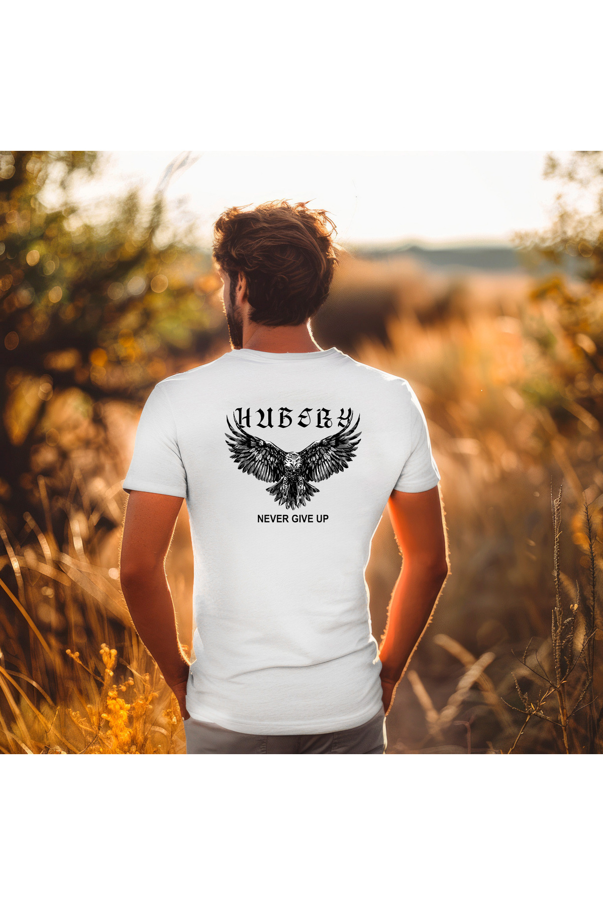 ERKEK SIRT BASKILI TİŞÖRT - KARTAL FİGÜRLÜ NEVER GIVE UP YAZILI | RELAXED FIT /HUBERY