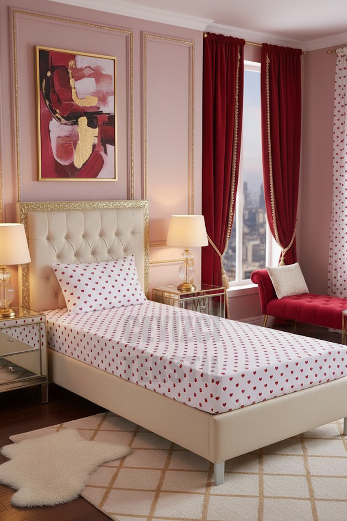 Tek Kişilik Lastikli Çarşaf Seti + 1 Adet Yastık Kılıfı 100x200cm Kalp Desen