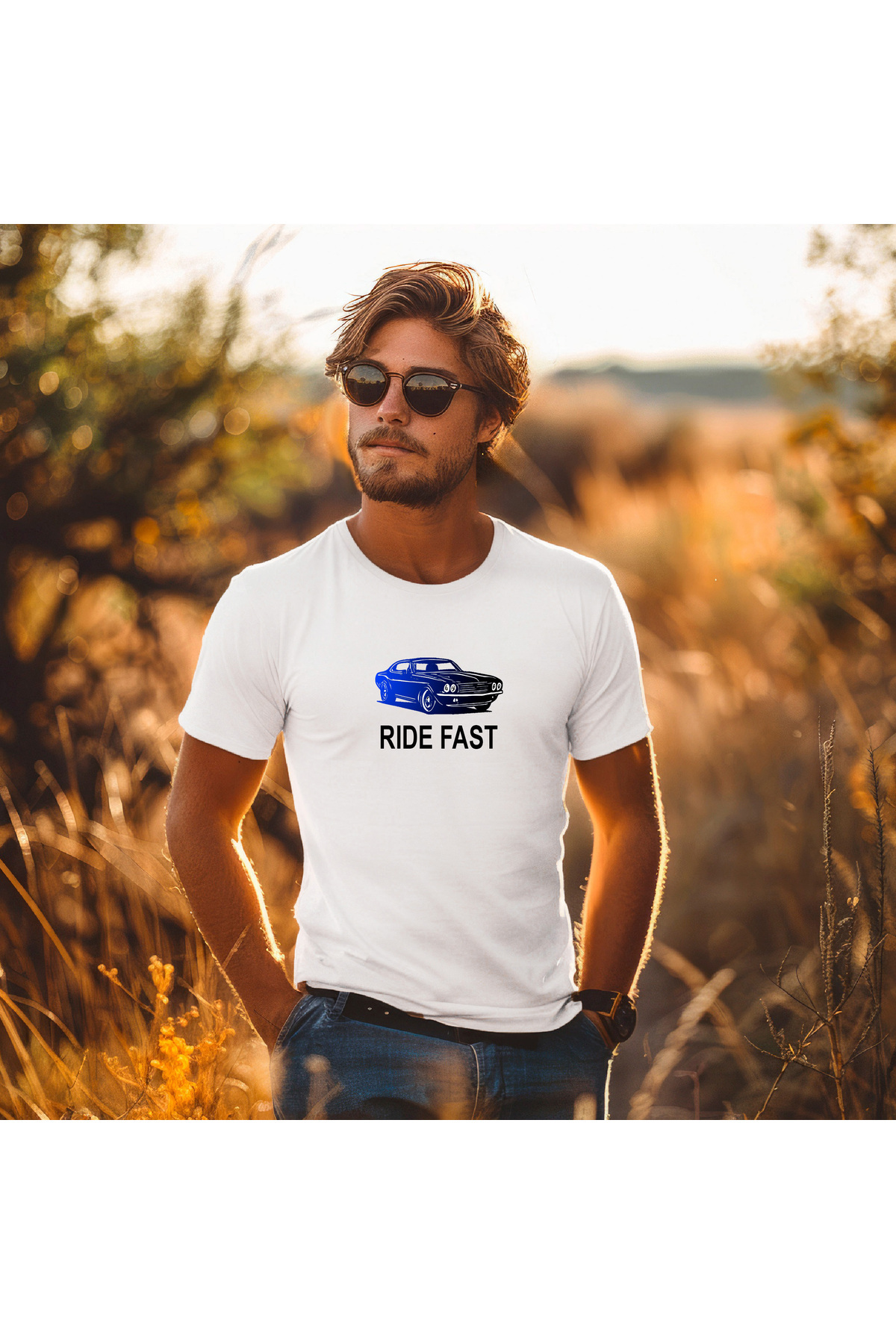 Erkek Tişört - %100 Pamuk - Ride Fast Araba Desenli Tişört - HUBERY