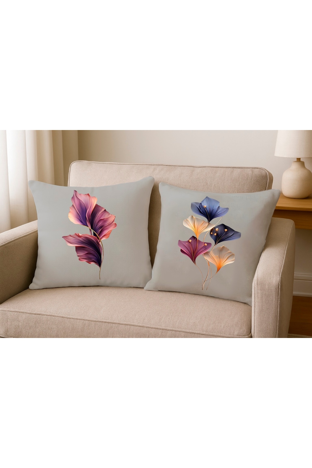 Digital Baskılı Gri Zeminli Soft Çiçek Desenli Dekoratif Kırlent Kılıfı 2’li Set