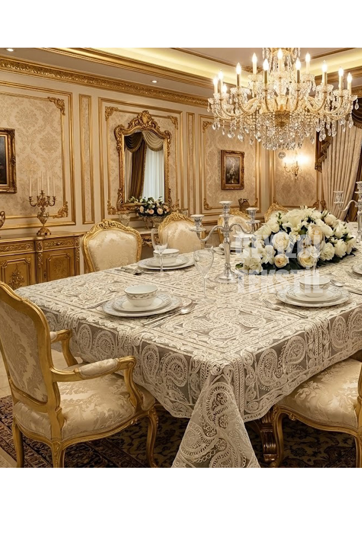Fransız Dantelli Ottoman Model Tek Masa Örtüsü