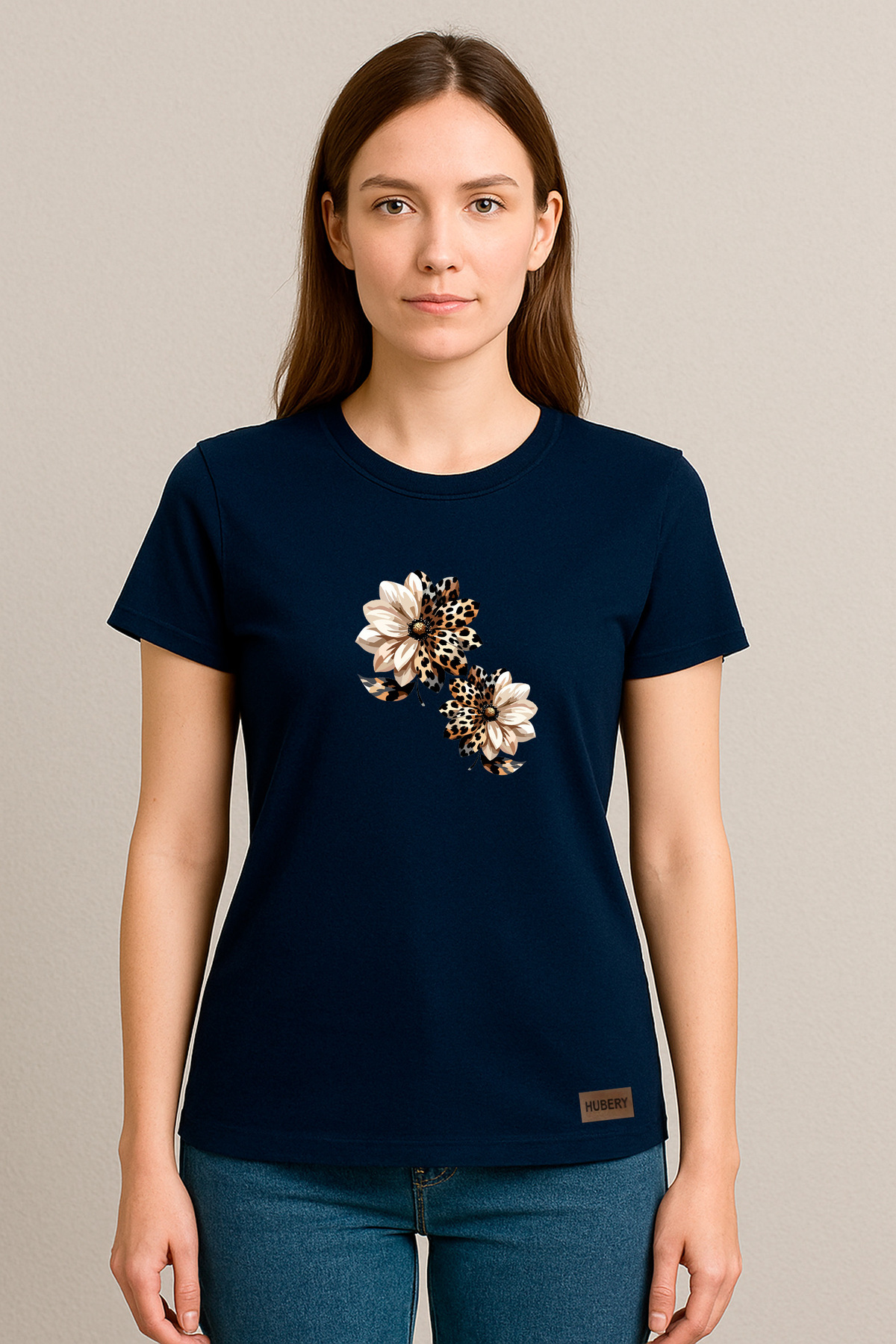Kadın Relaxed Fit Tişört Leopar Desenli Çiçek Baskı – HUBERY