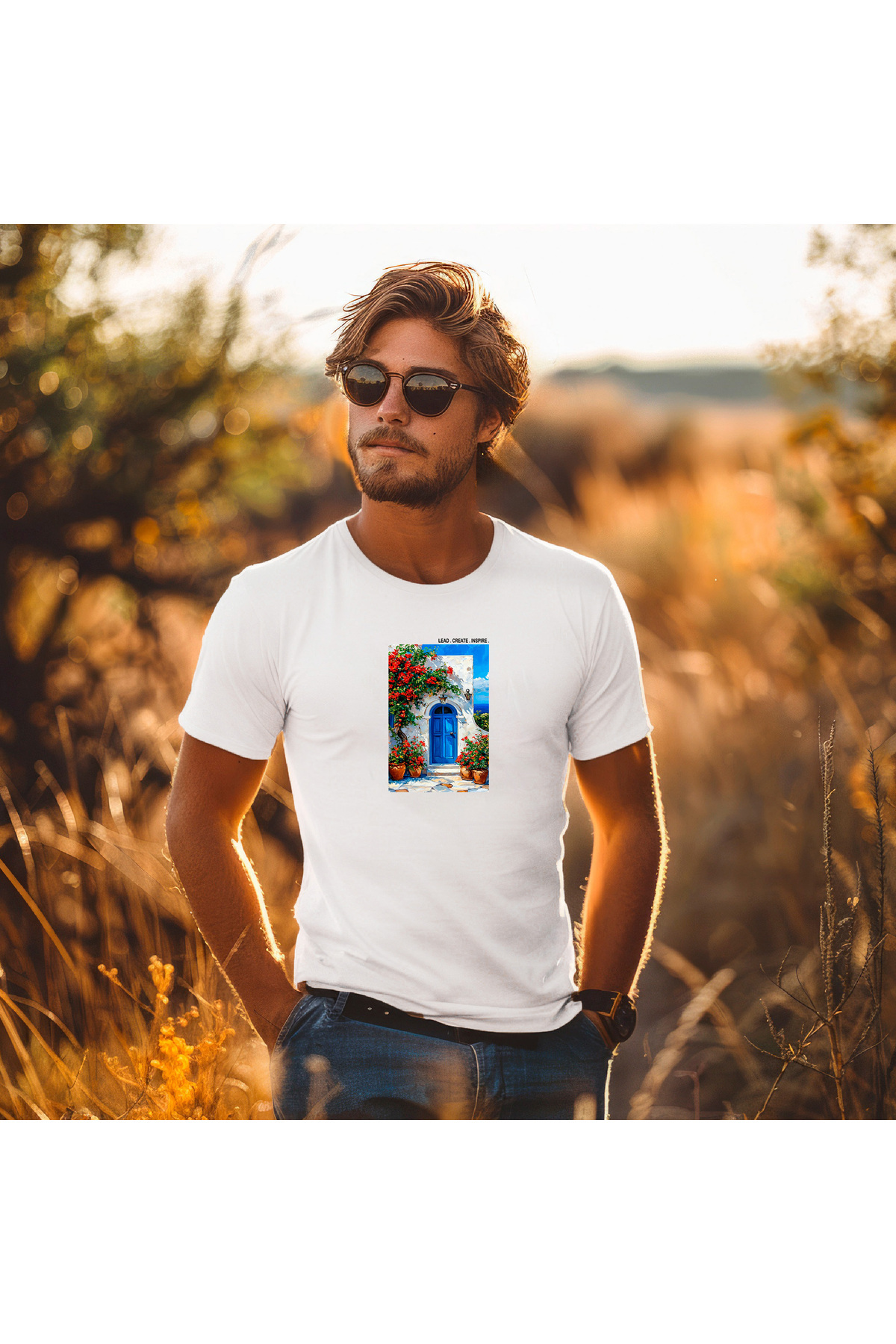 Erkek Relaxed Fit Tişört Akdeniz Ev Kapısı Desenli Yazlık Tasarım –