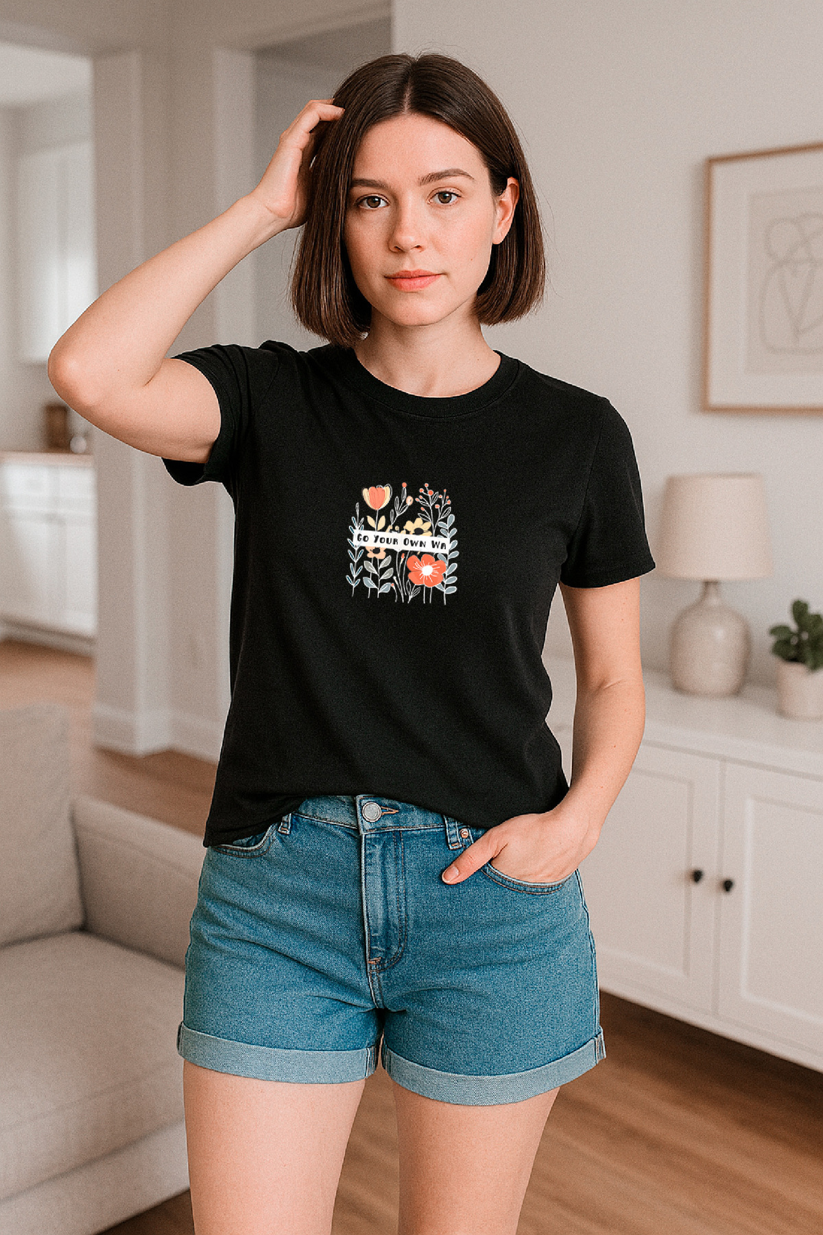 Kadın Relaxed Fit Tişört Yazılı Çiçek Desenli – HUBERY