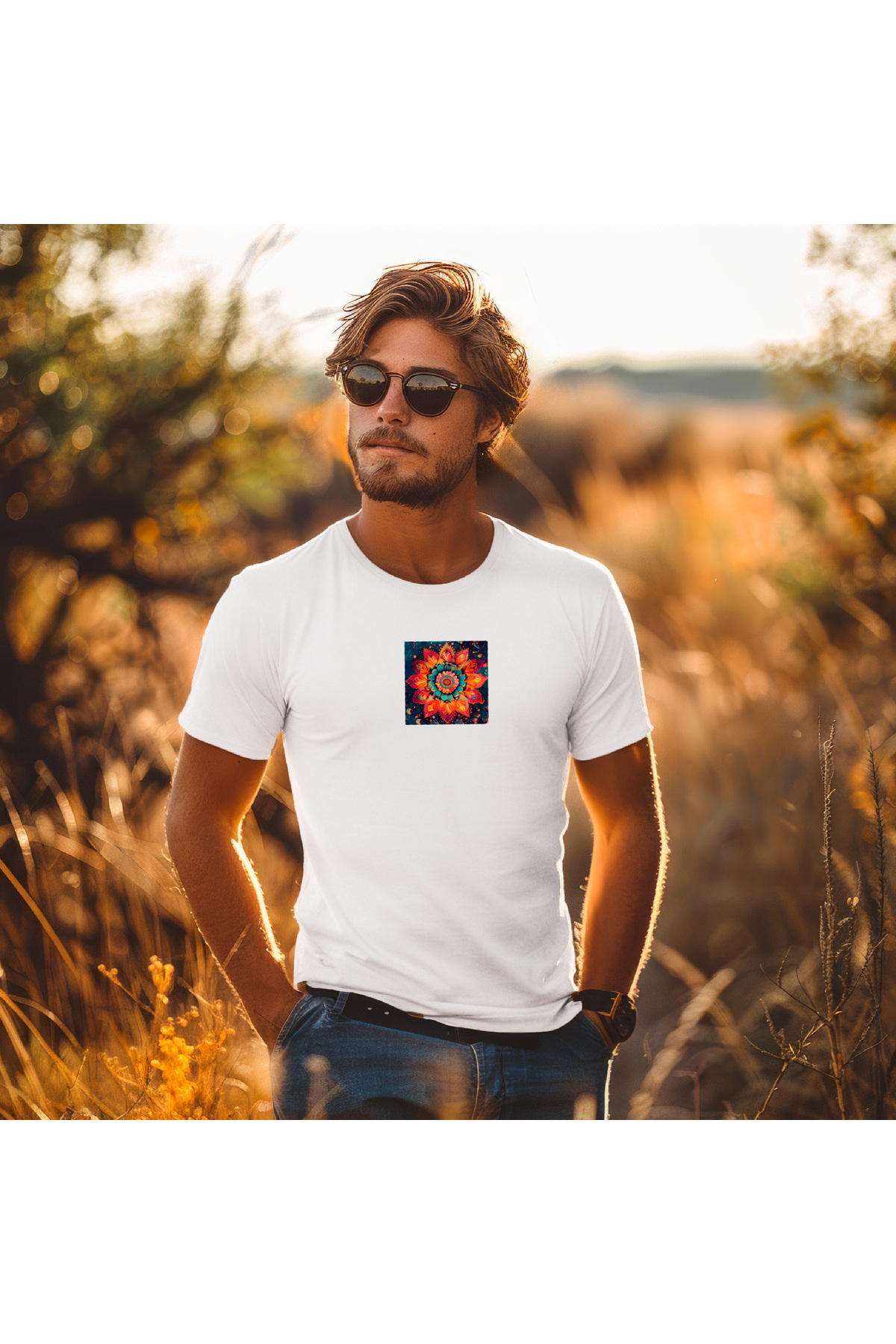 ERKEK BASKILI TİŞÖRT-MANDALA ÇİÇEK DESENLİ RENKLİ BASKI/HUBERY