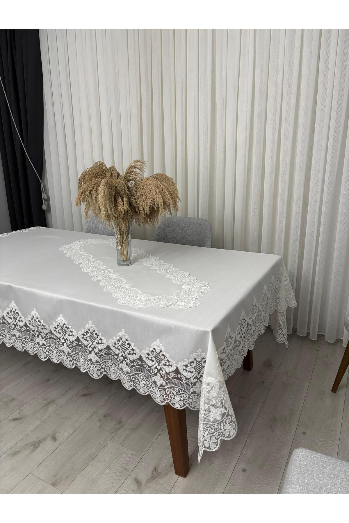 Masa Örtüsü Yemek Takımı 12 Kişilik 26 Parça Fransız Dantelli – Ekru1