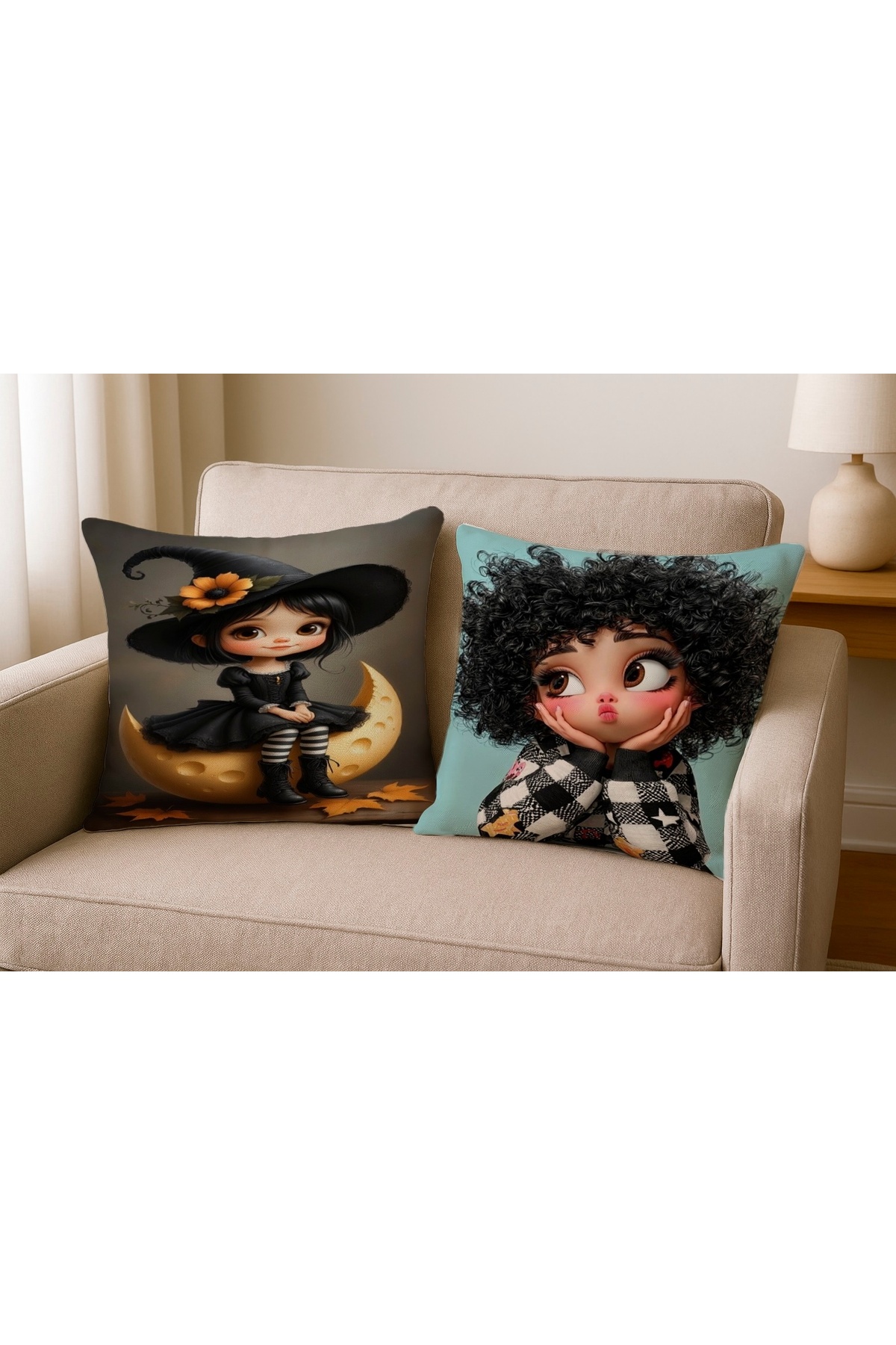 Cadı Kız Dijital Baskılı Kırlent Kılıfı 43x43 cm (Moon Witch Girl Cushion Cover)