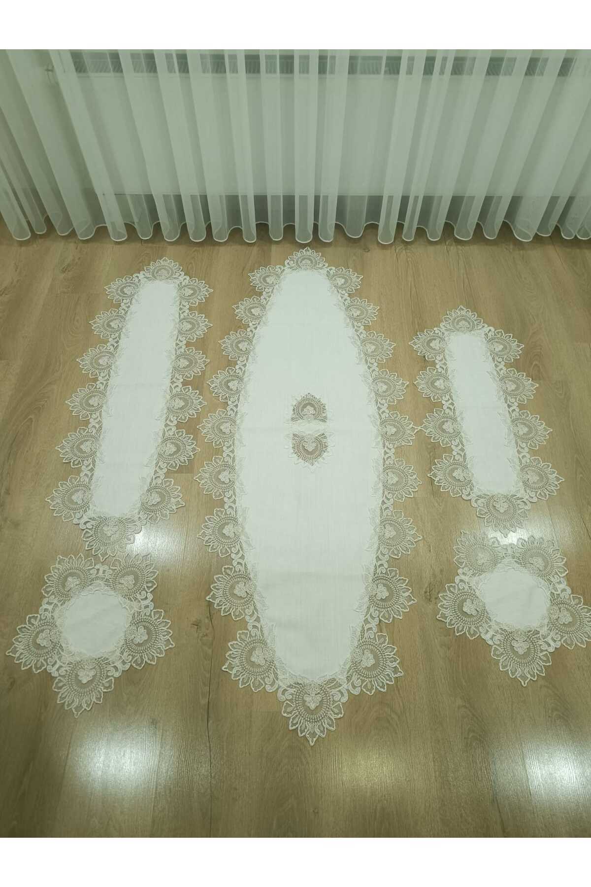 Salon Takımı 5 Parça Dantelli Masa Örtüsü Runner Seti Kadife