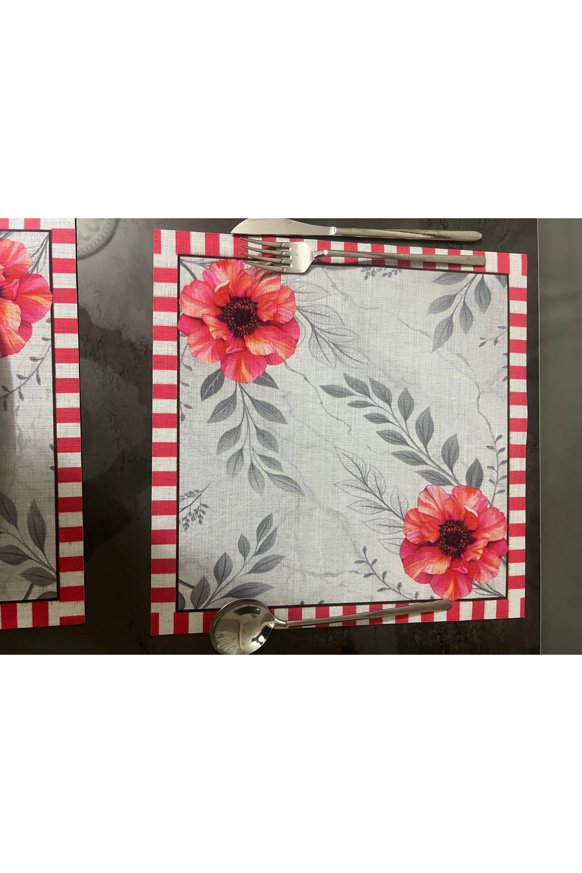 Kırmızı Beyaz Çizgili Kenar Detaylı Modern Çiçekli Digital Baskılı Amerikan Servis & Supla 6 Adet