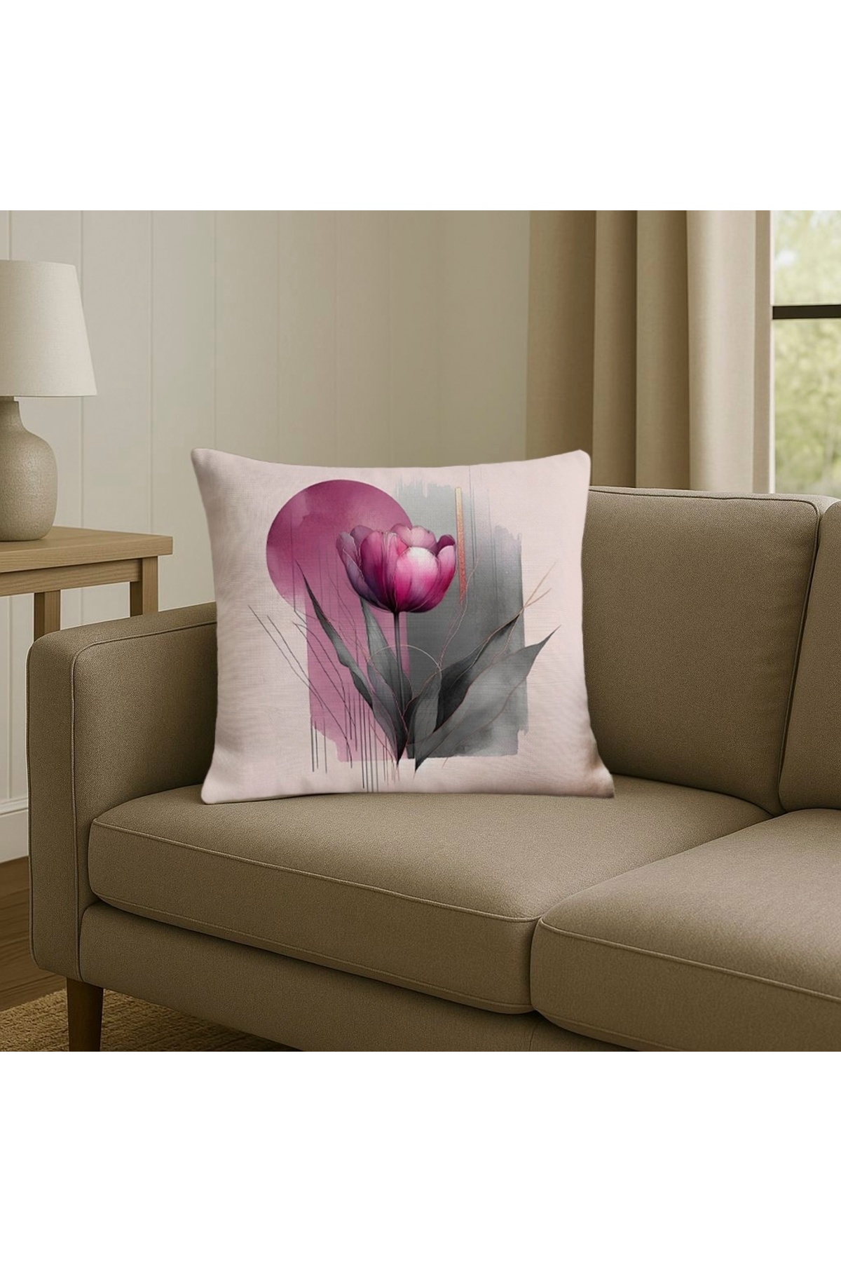 Digital Baskılı Lale Desenli Dekoratif Kırlent Kılıfı