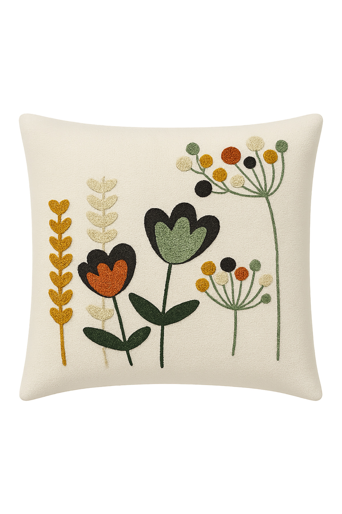 Punch Nakışlı Keten Renkli Çiçek Desenli Kırlent Kılıfı - 43*43 cm -