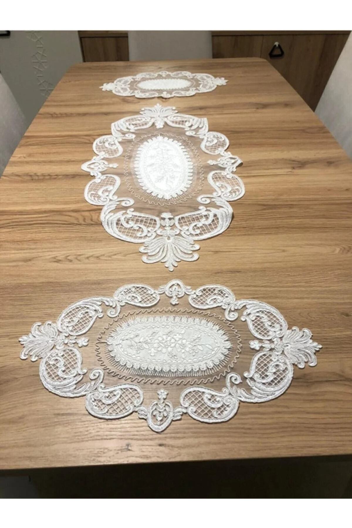Salon Oda Takımı Dantelli Runner Set Üç Parça